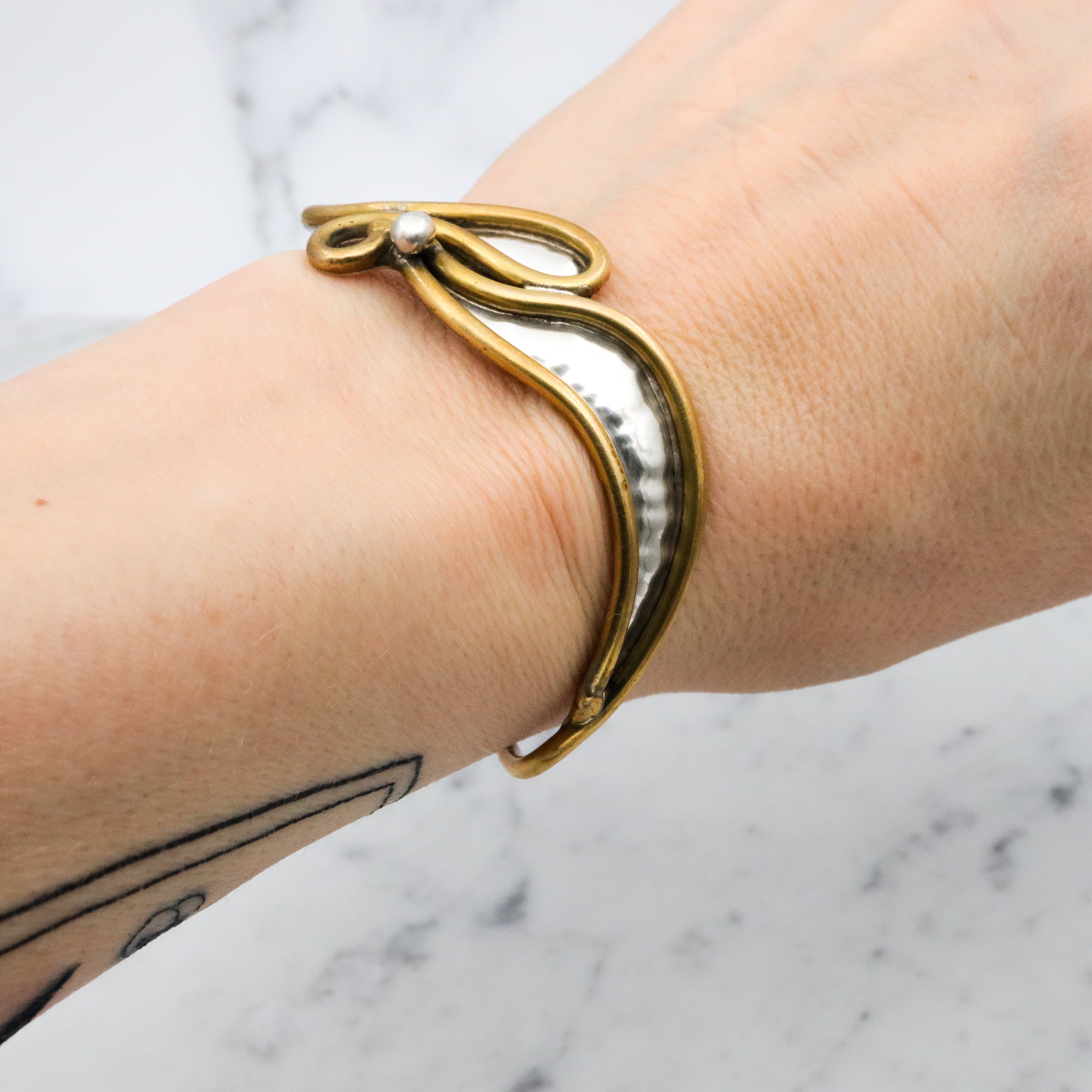 MCM handmade sterling & brass free form wave cuff bracelet
