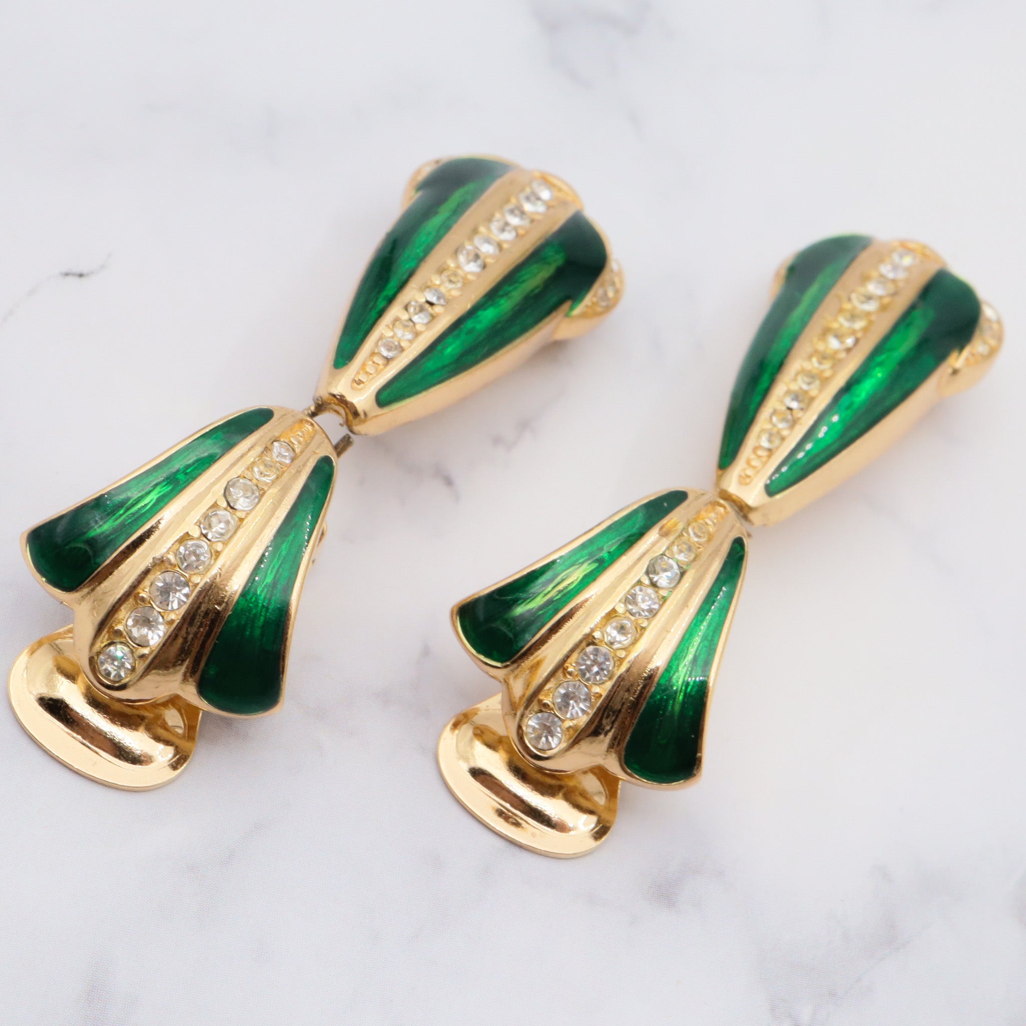 Vintage 1970s Christian Dior gold plated, enamel & rhinestone drop earrings