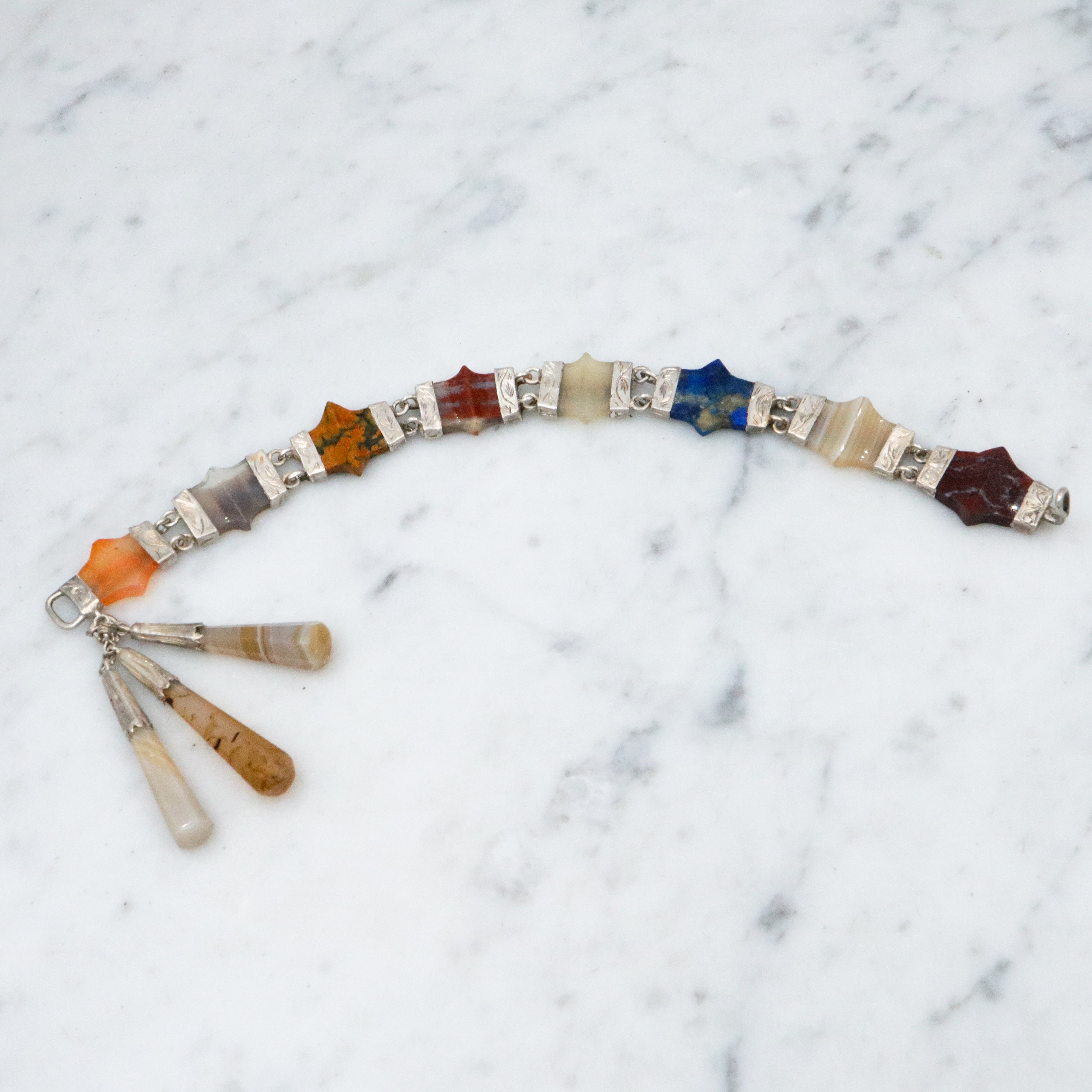 Antique Victorian Scottish Provincial agate link bracelet w/agate torpedo drops
