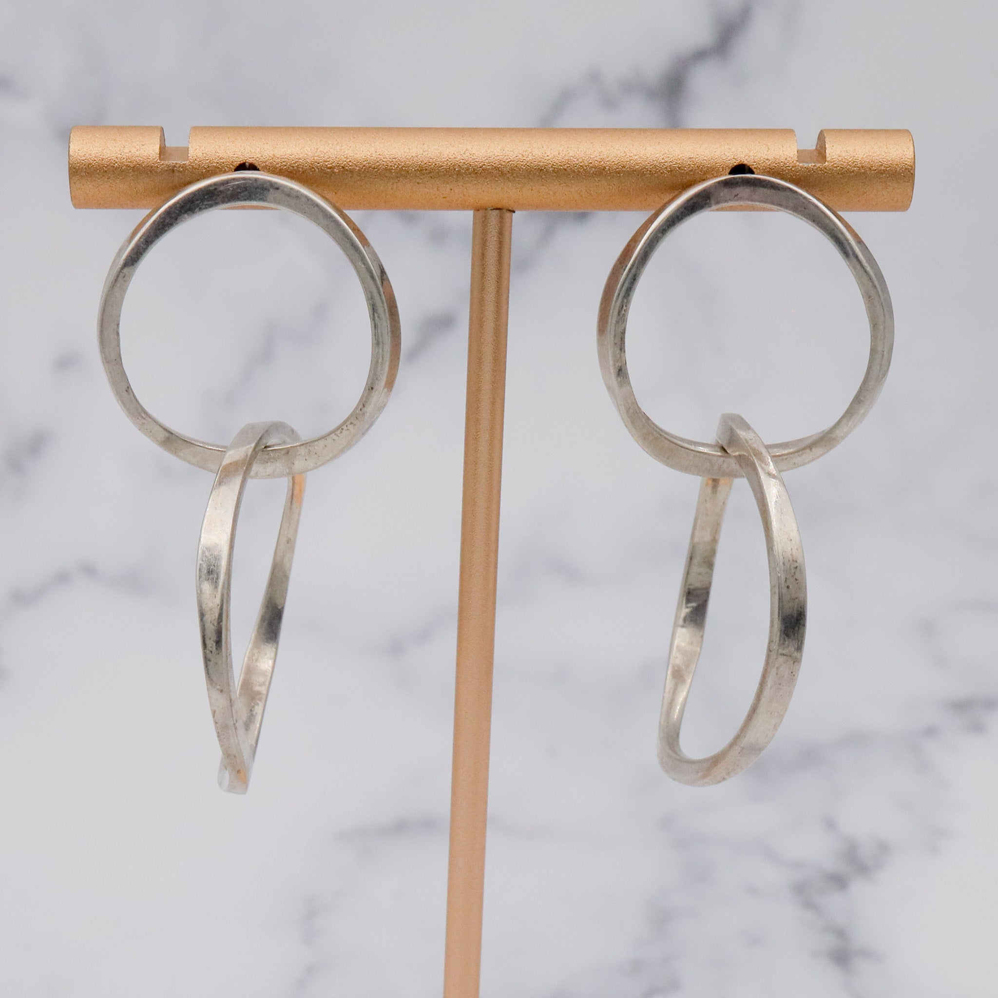 Vintage Mexican Modern large hammered sterling interlocking circle drop earrings