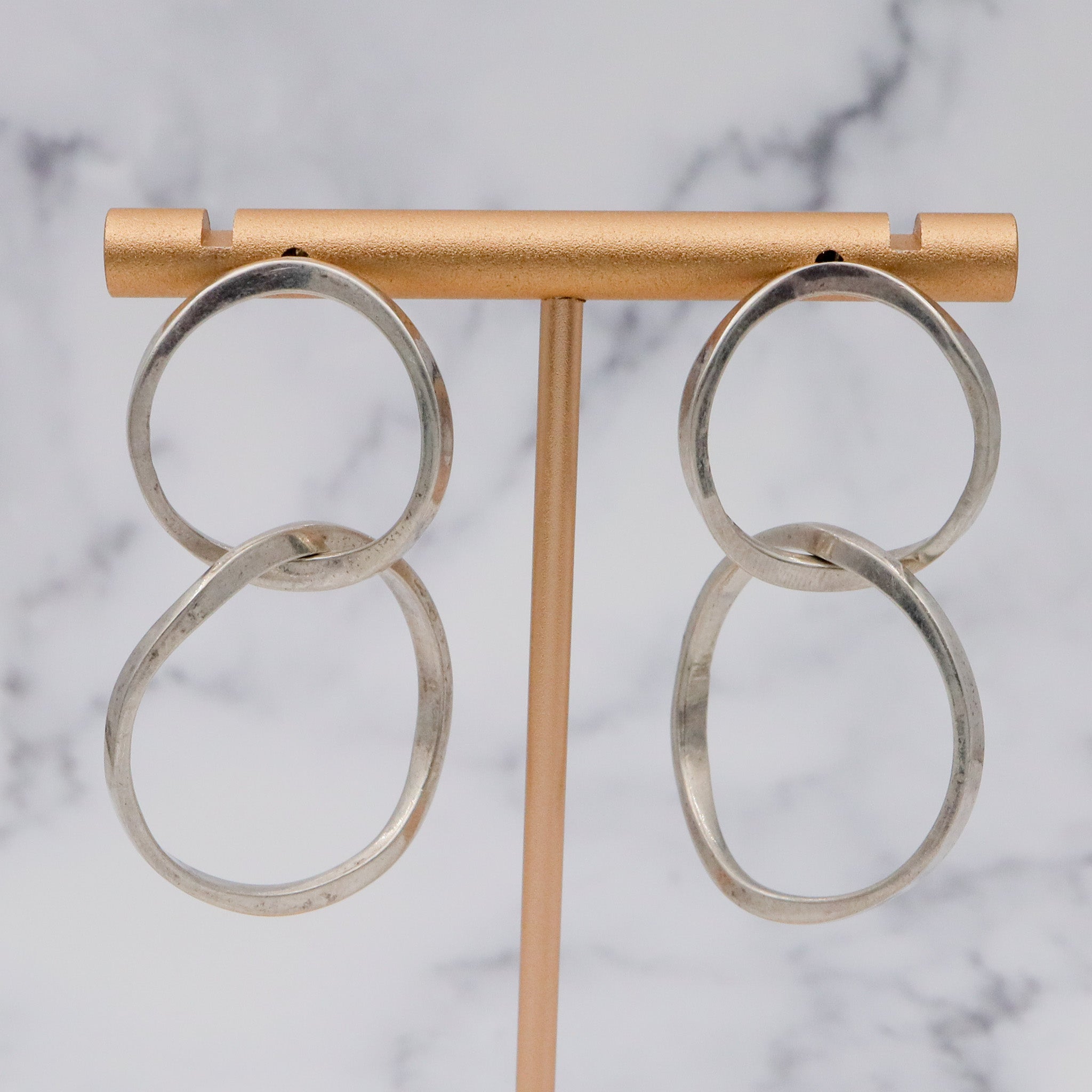 Vintage Mexican Modern large hammered sterling interlocking circle drop earrings