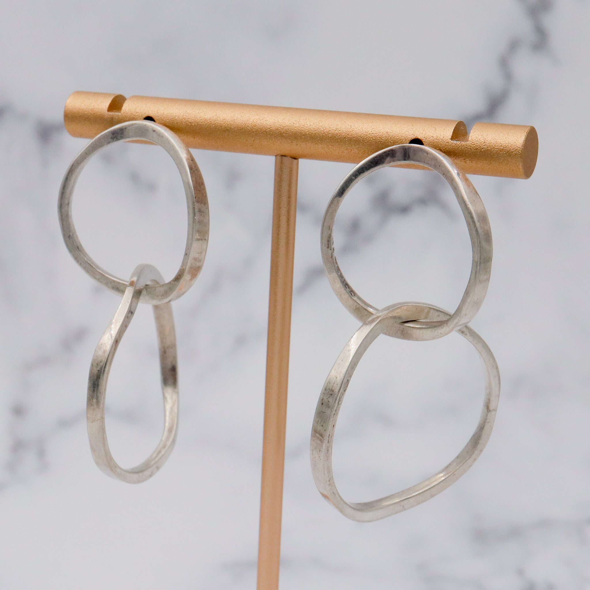 Vintage Mexican Modern large hammered sterling interlocking circle drop earrings