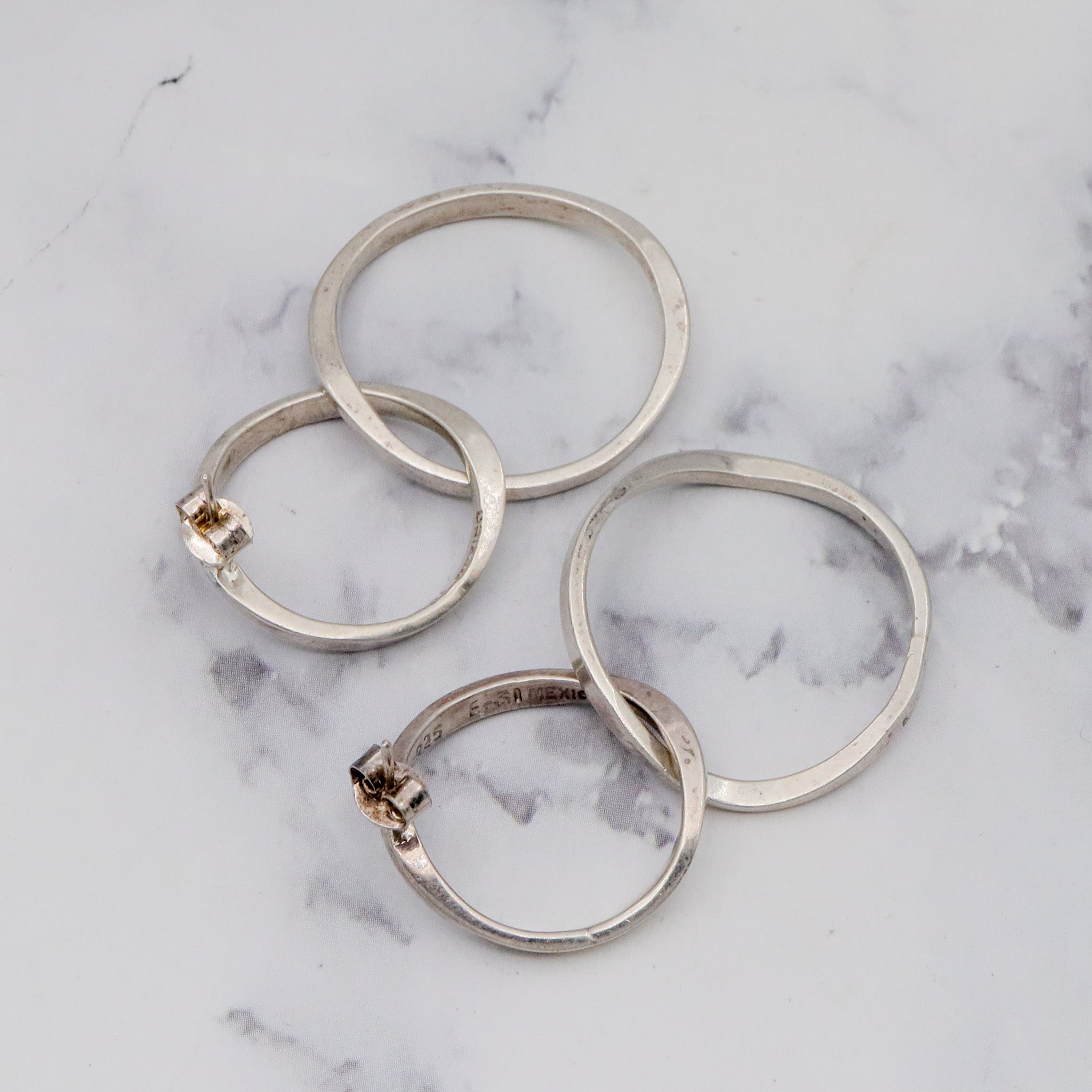 Vintage Mexican Modern large hammered sterling interlocking circle drop earrings