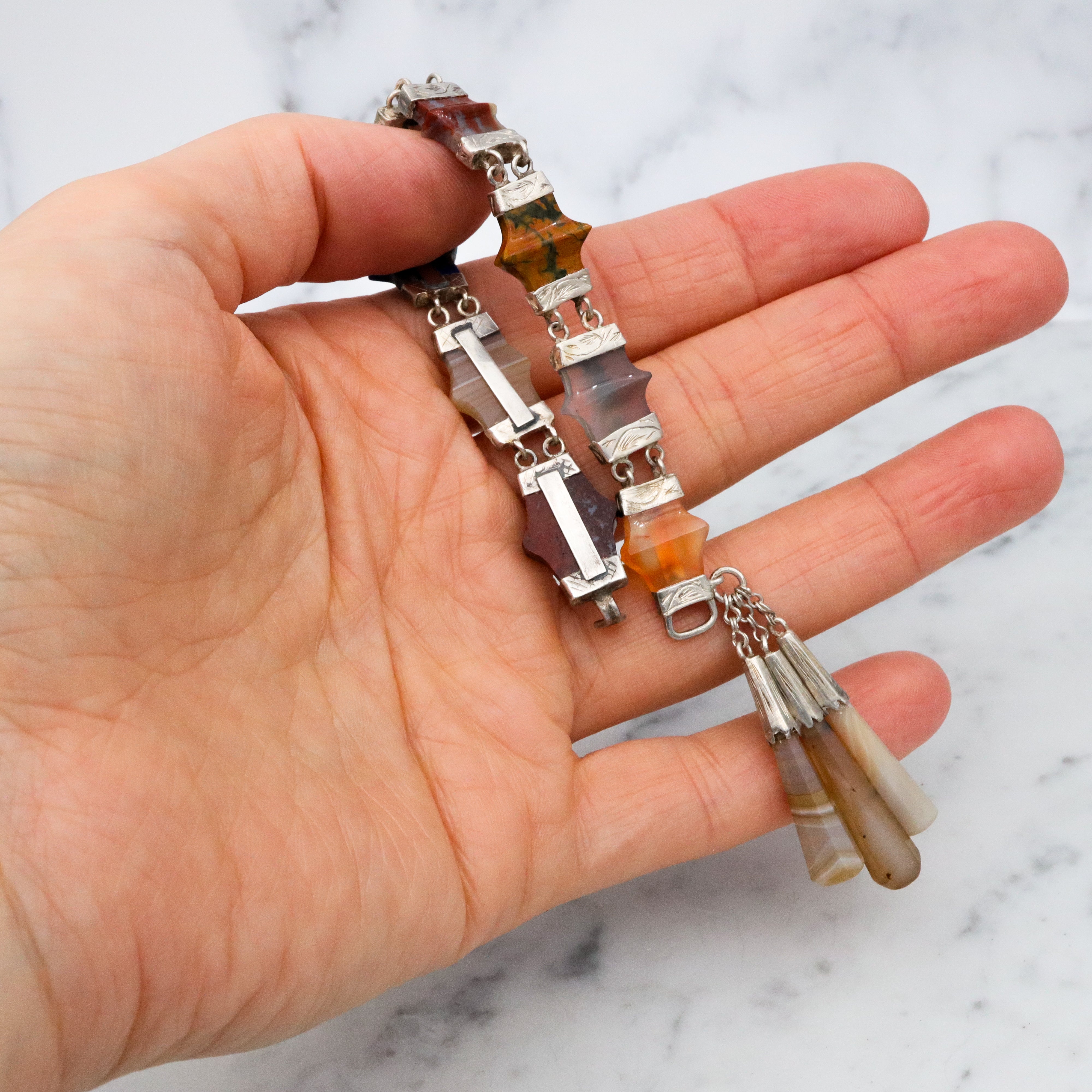 Antique Victorian Scottish Provincial agate link bracelet w/agate torpedo drops