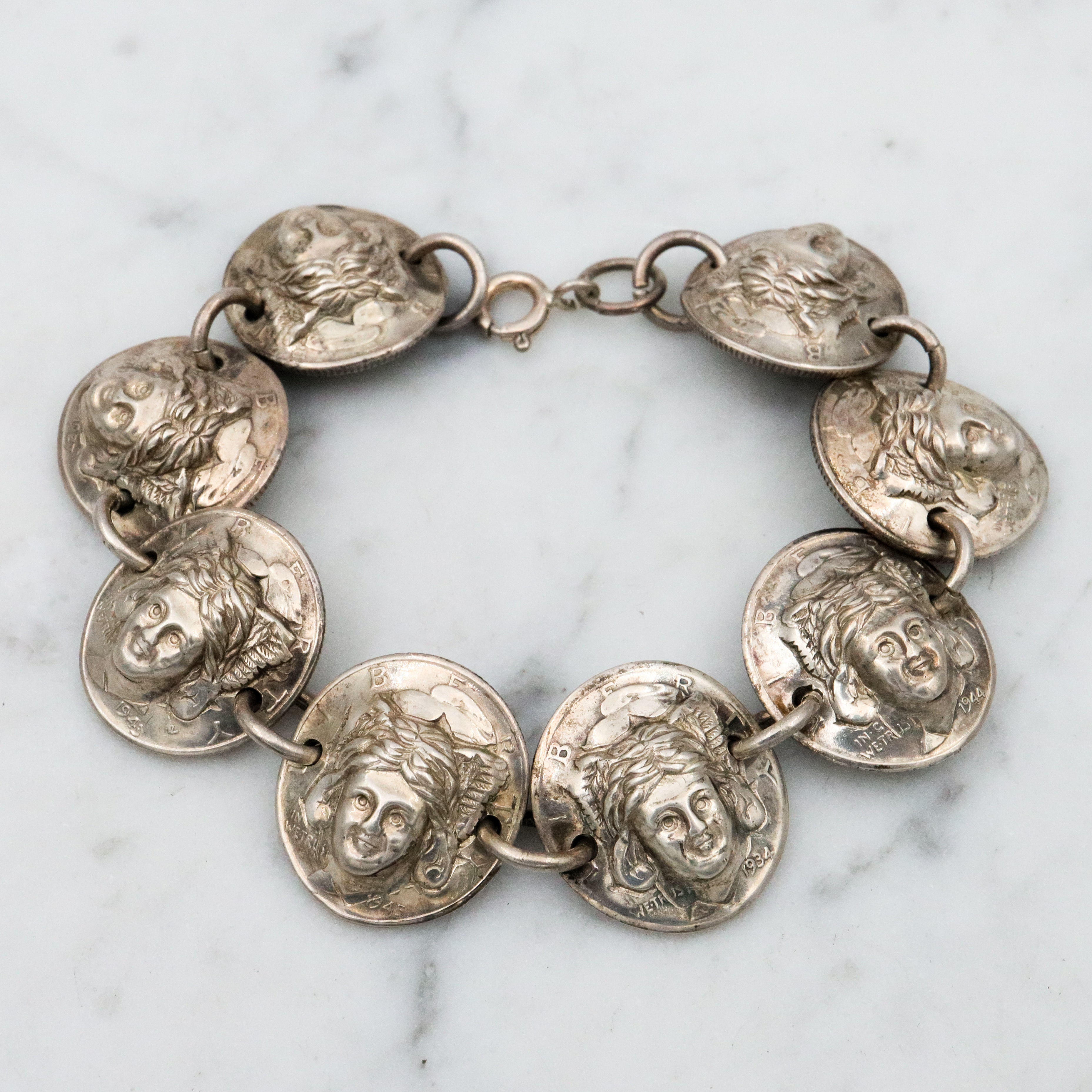 Antique 1940s silver Mercury dime pop out Liberty coin bracelet
