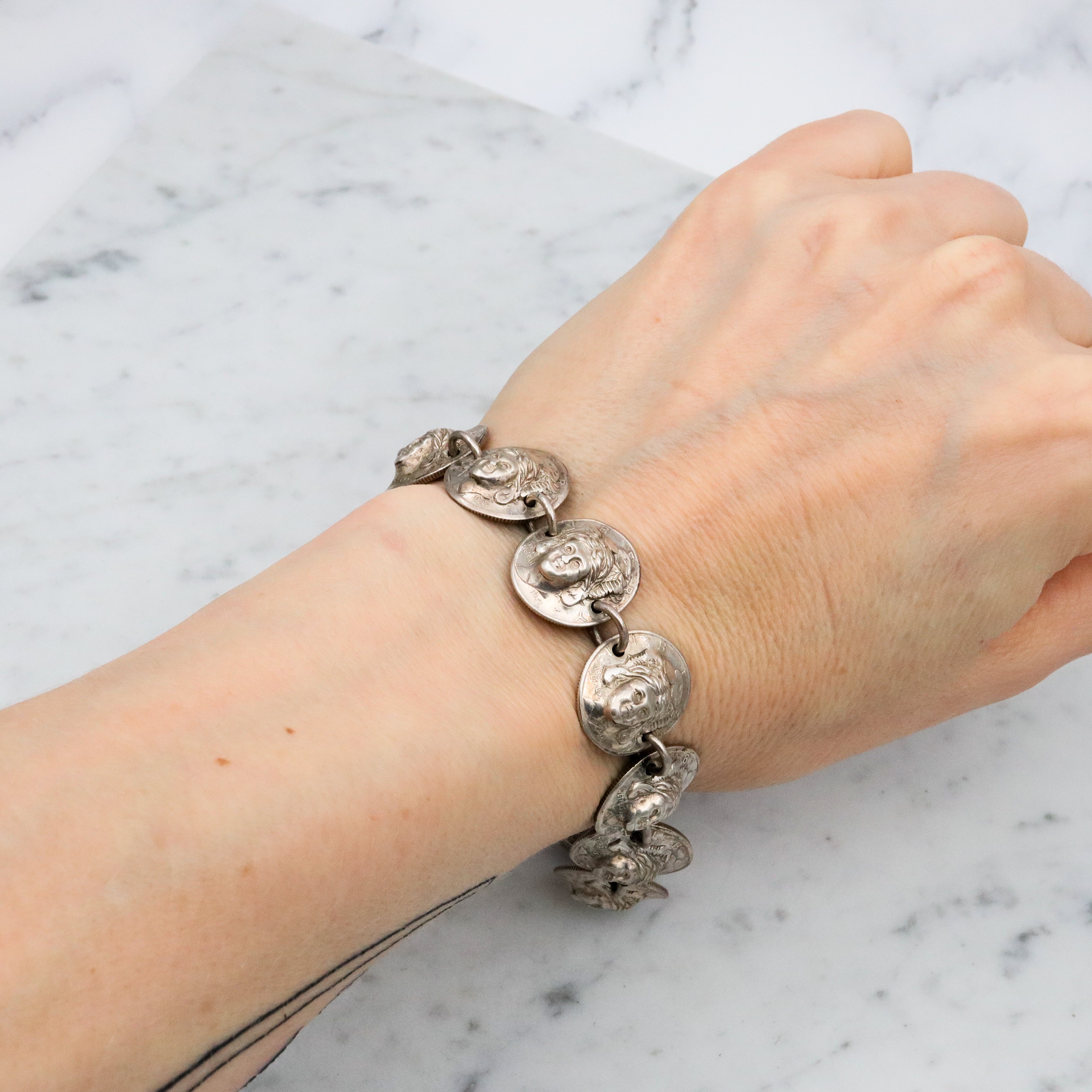 Antique 1940s silver Mercury dime pop out Liberty coin bracelet