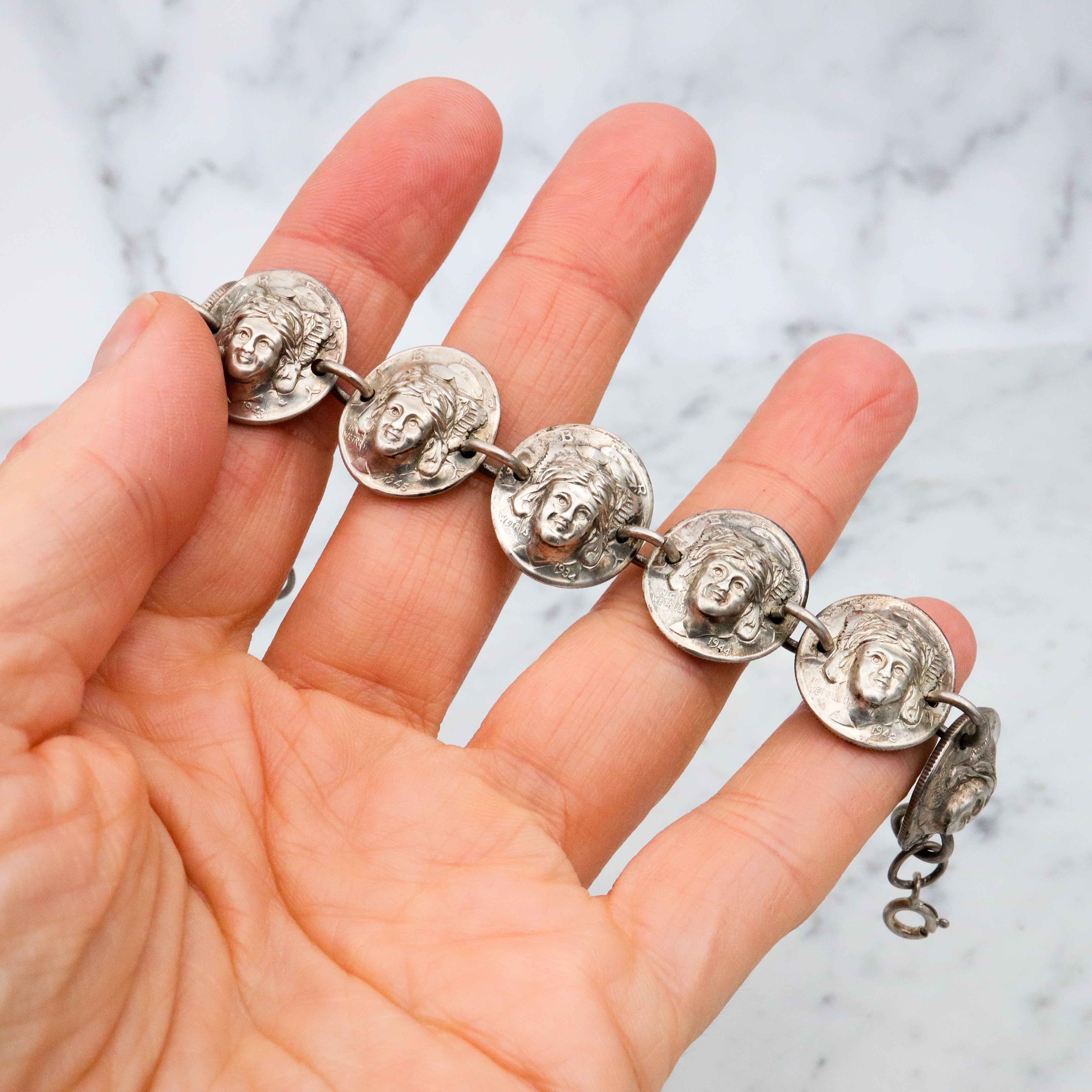 Antique 1940s silver Mercury dime pop out Liberty coin bracelet