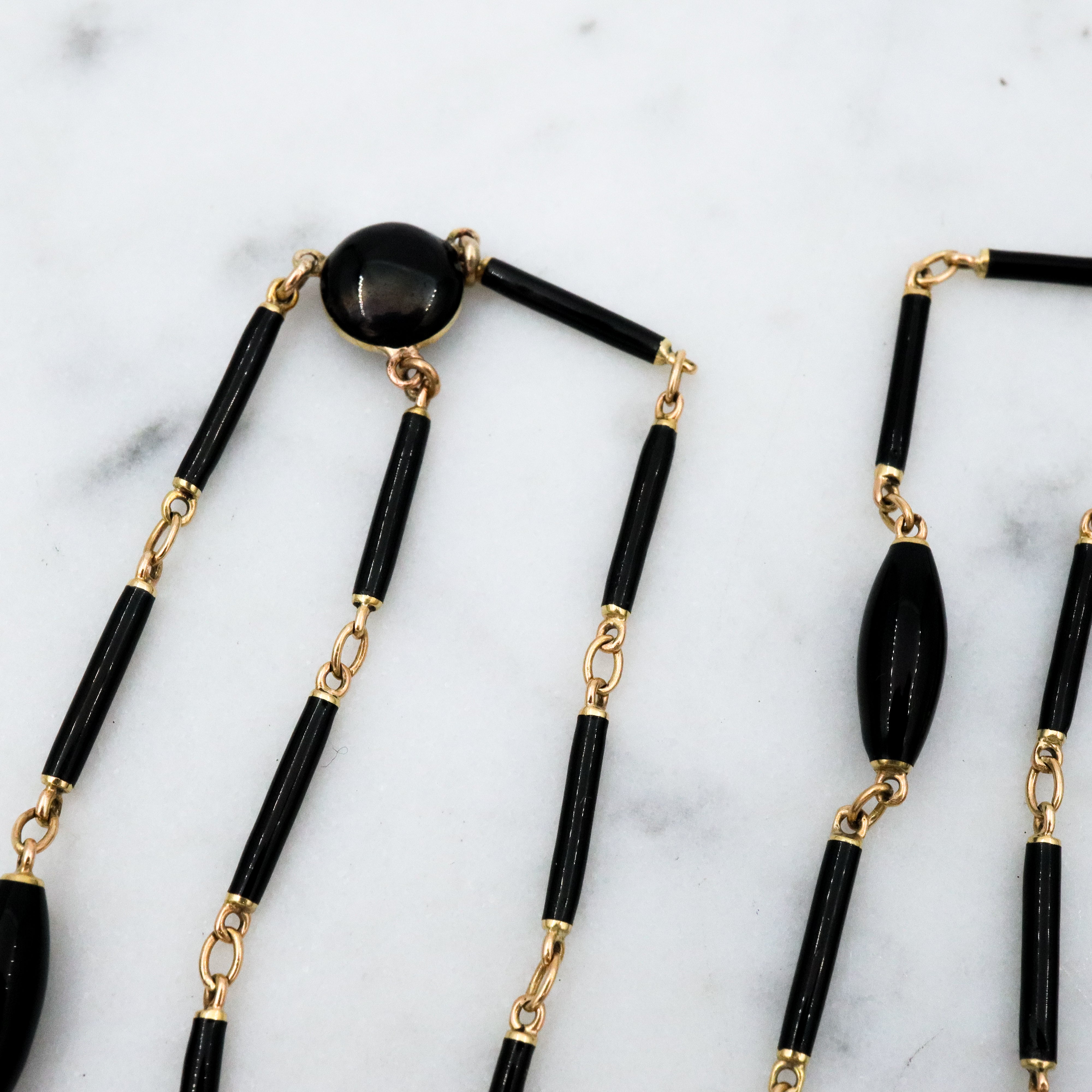 Antique Victorian Carter, Gough & Co. 14k gold black enamel barrel link necklace with 