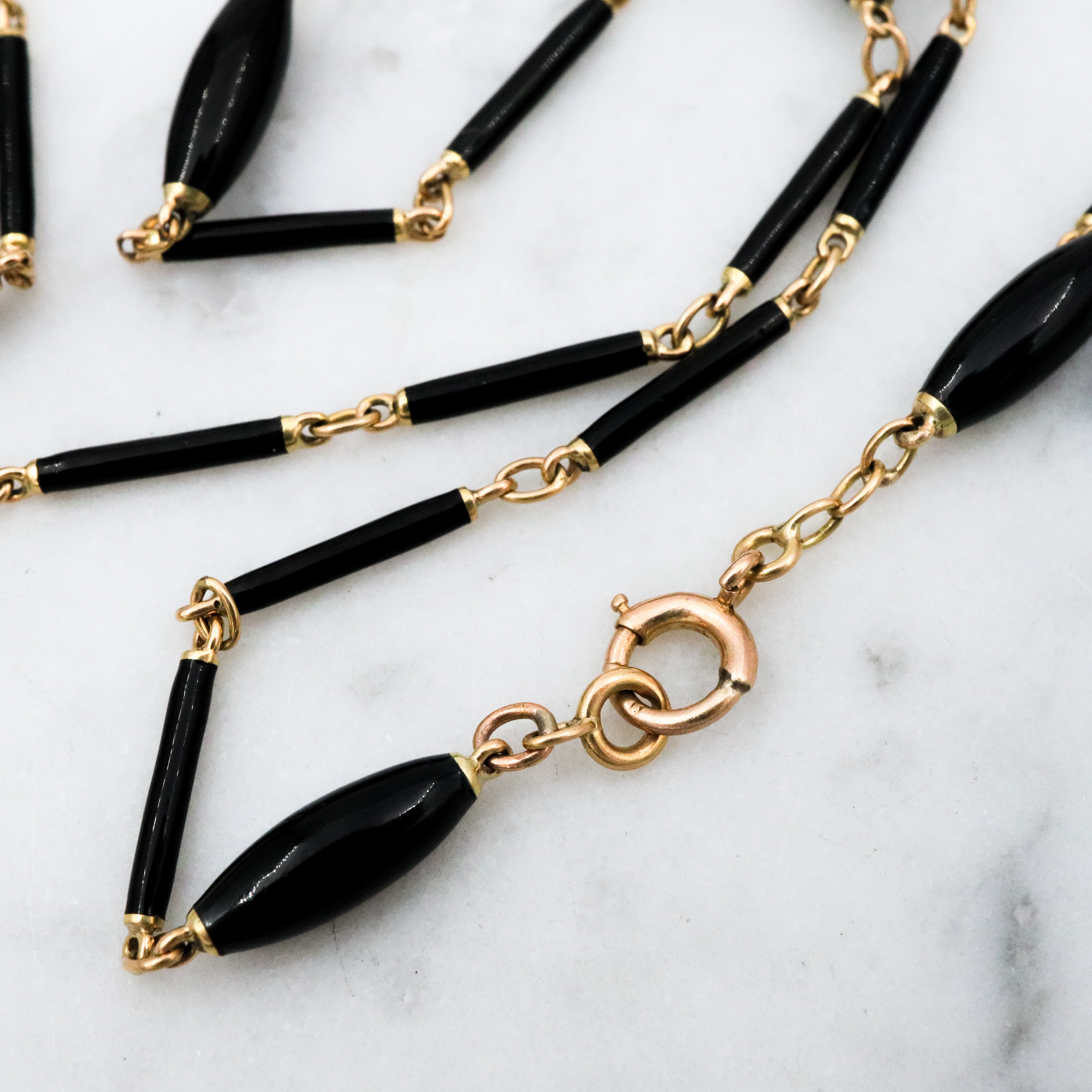 Antique Victorian Carter, Gough & Co. 14k gold black enamel barrel link necklace with 