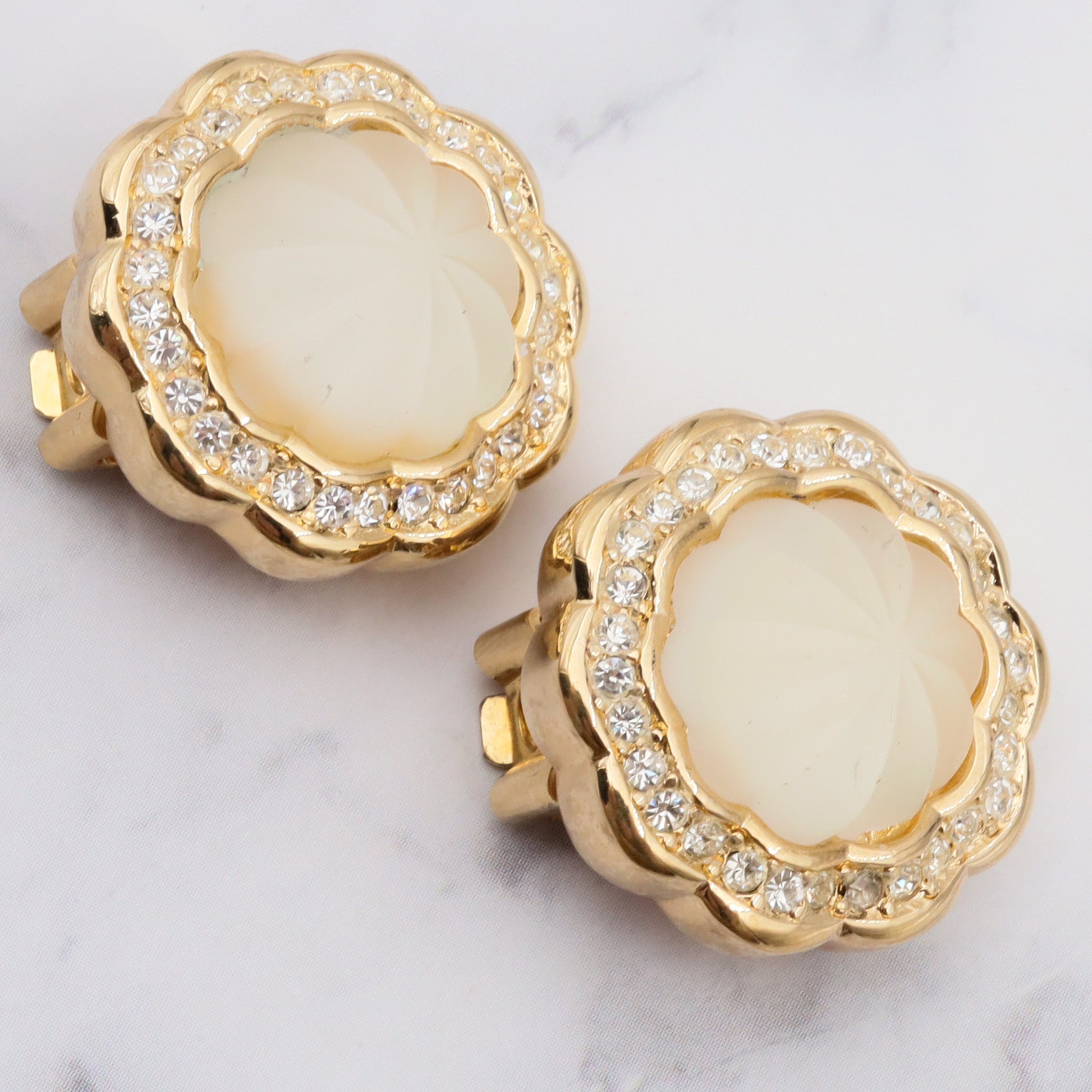 Christian Dior frosted carved glass and rhinestone gold tone clip on earrings