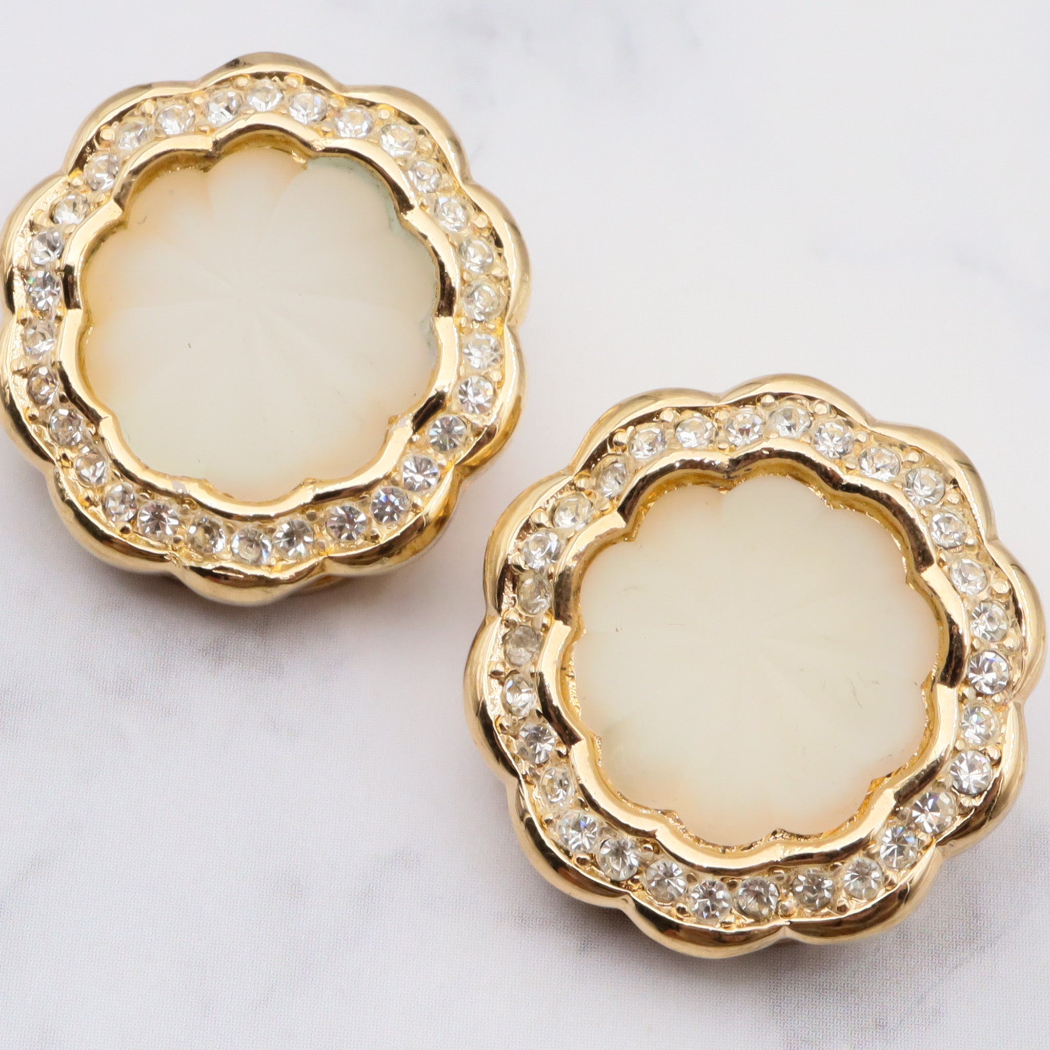 Christian Dior frosted carved glass and rhinestone gold tone clip on earrings