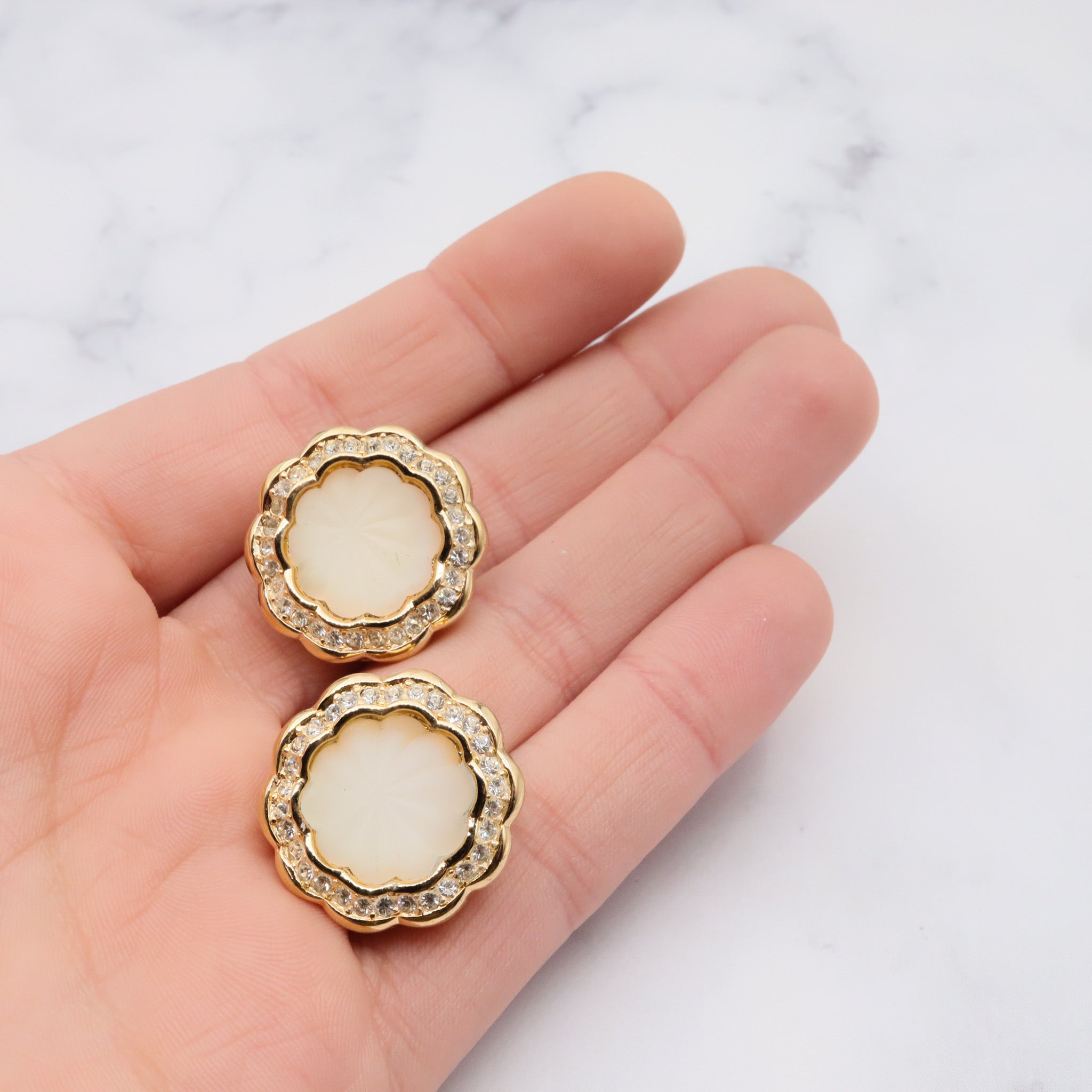 Christian Dior frosted carved glass and rhinestone gold tone clip on earrings