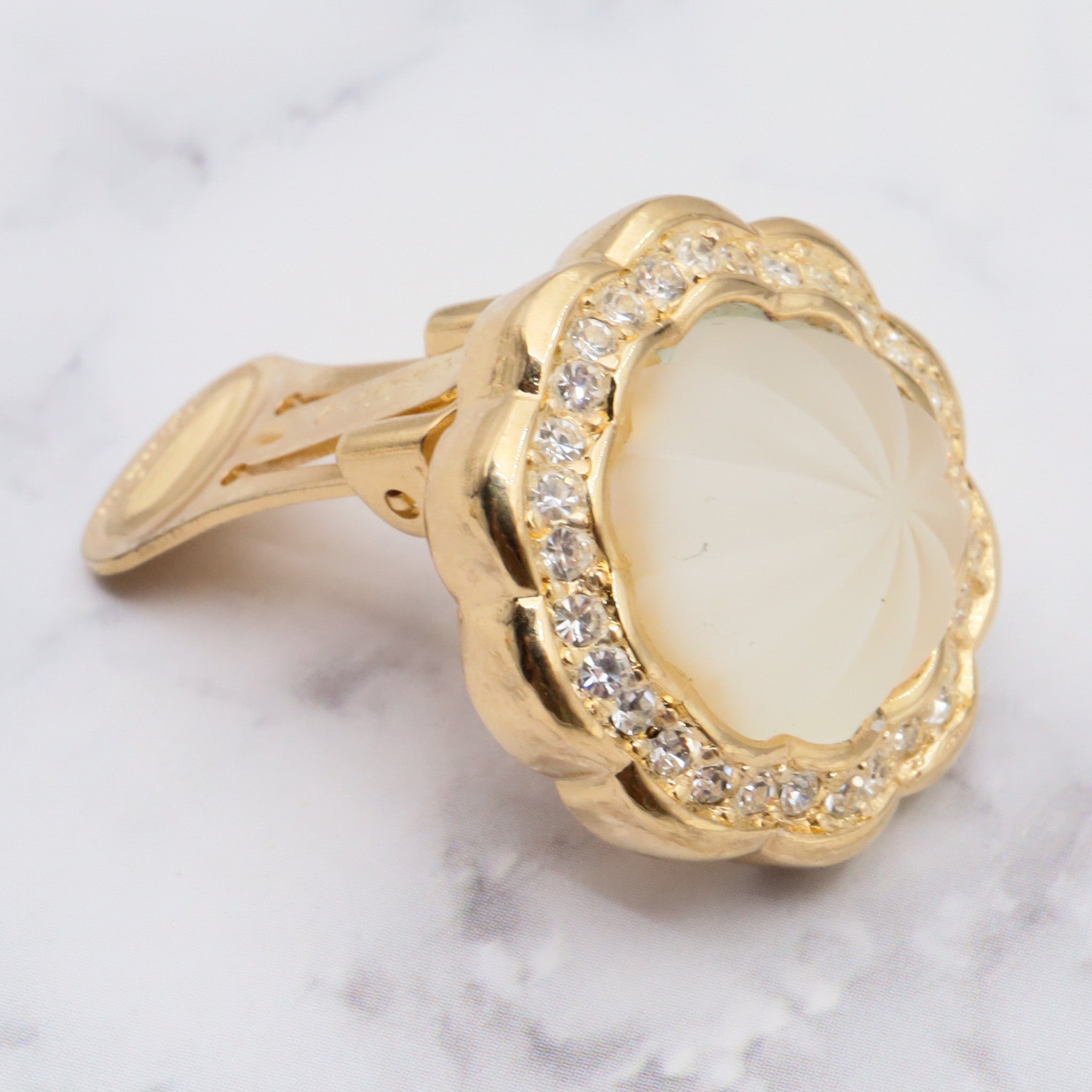 Christian Dior frosted carved glass and rhinestone gold tone clip on earrings