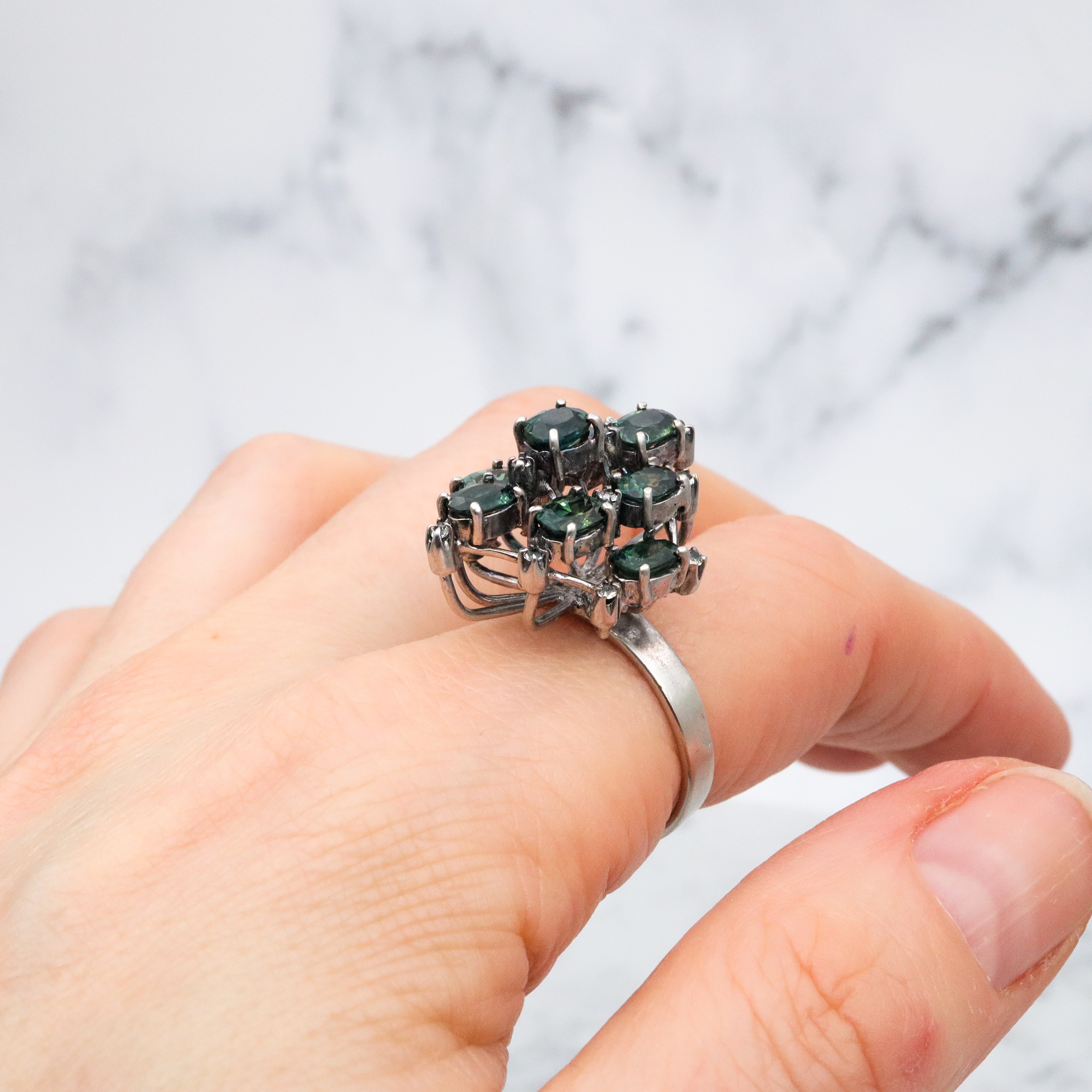 vintage London blue topaz & white zircon sterling cocktail ring, size 9