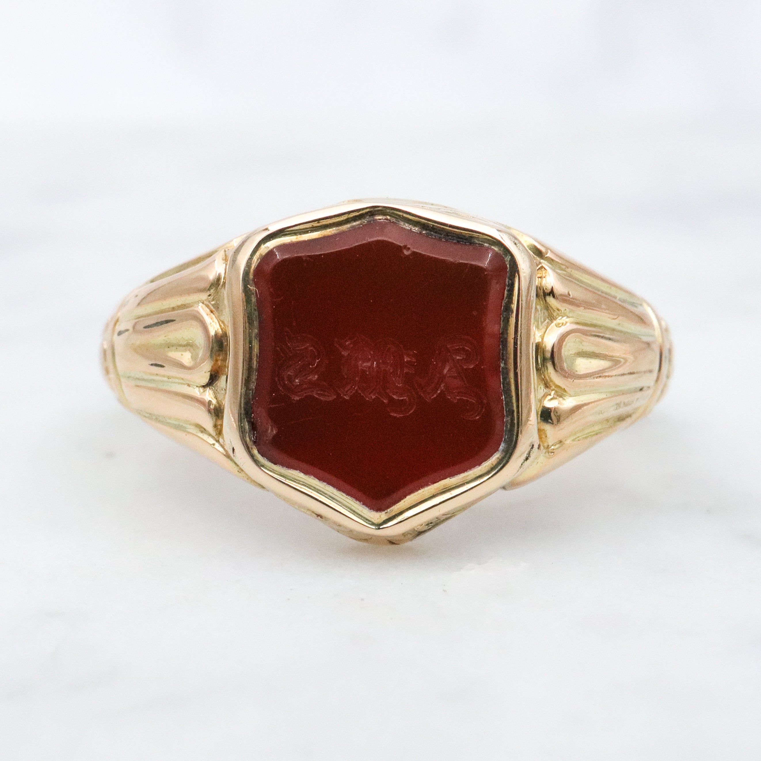 Antique Victorian Renaissance Revival 14k gold carnelian signet monogram ring, size 6.5