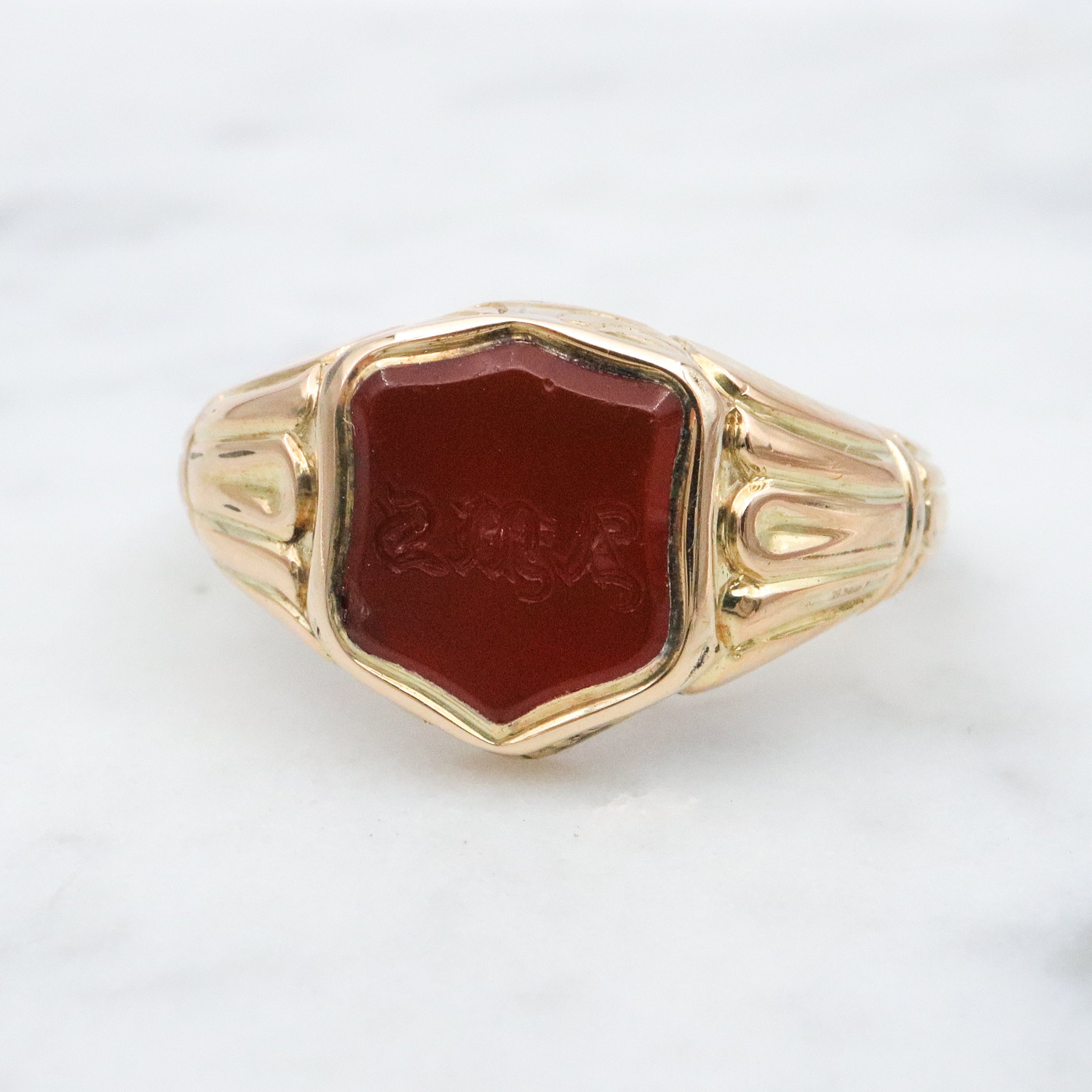 Antique Victorian Renaissance Revival 14k gold carnelian signet monogram ring, size 6.5