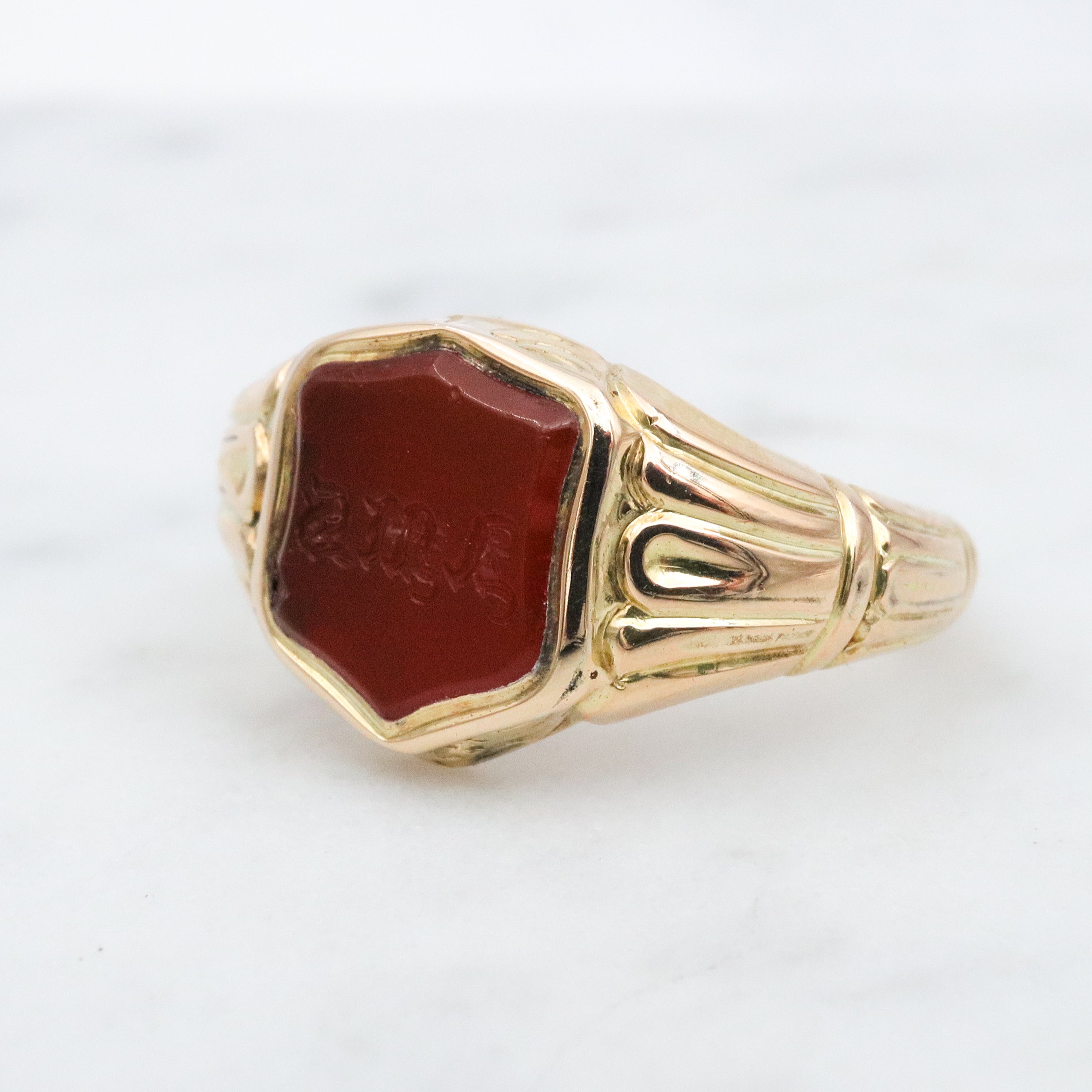 Antique Victorian Renaissance Revival 14k gold carnelian signet monogram ring, size 6.5