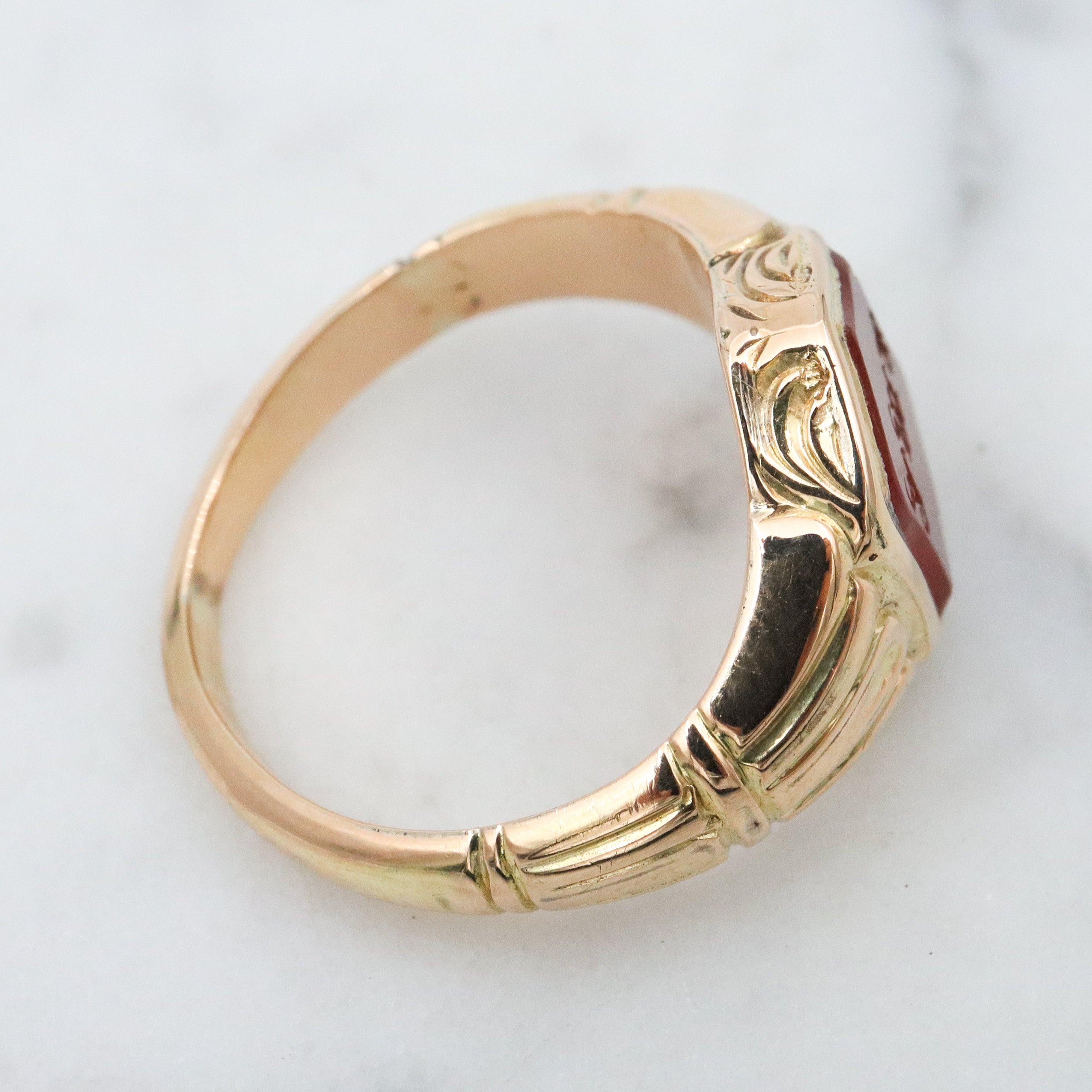 Antique Victorian Renaissance Revival 14k gold carnelian signet monogram ring, size 6.5