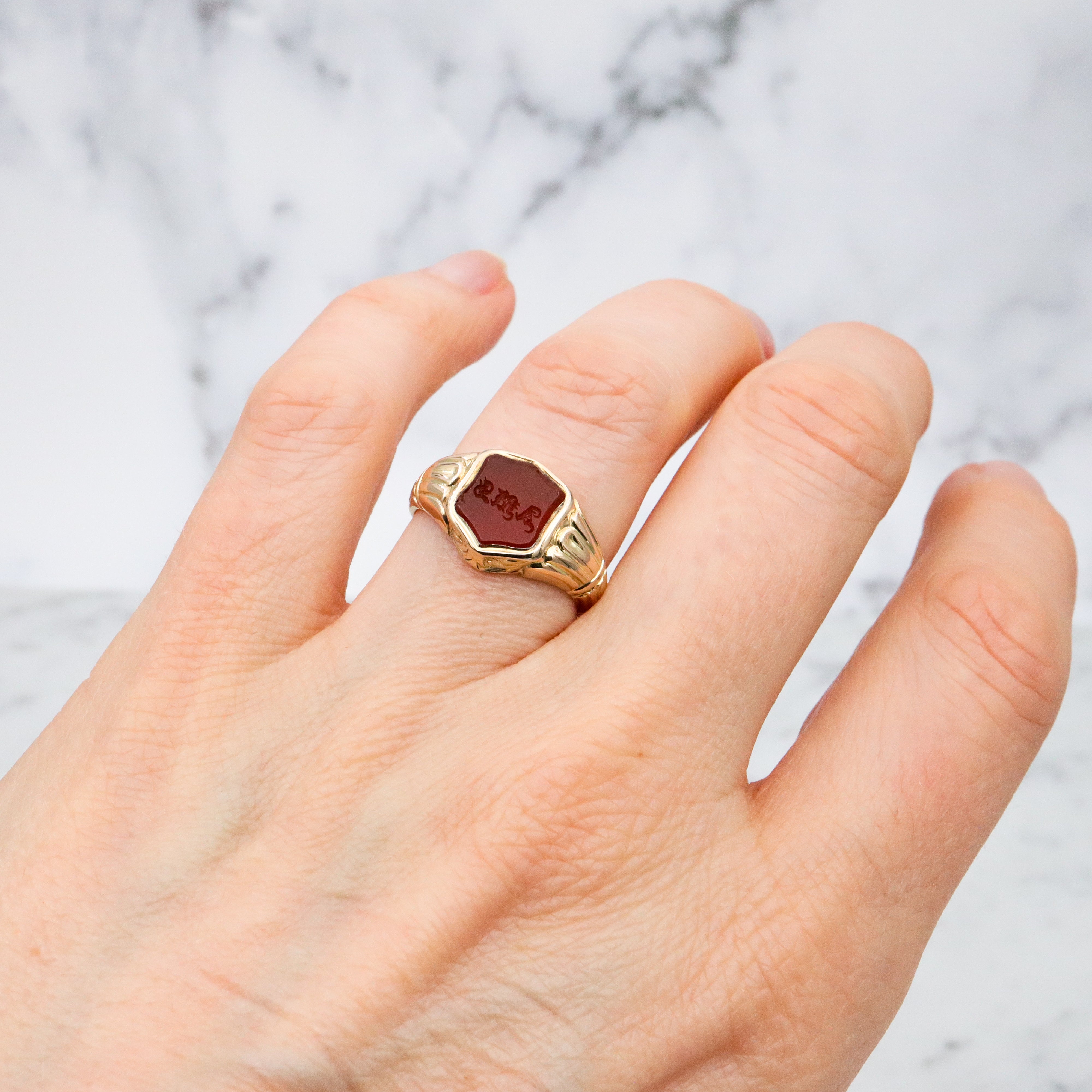 Antique Victorian Renaissance Revival 14k gold carnelian signet monogram ring, size 6.5
