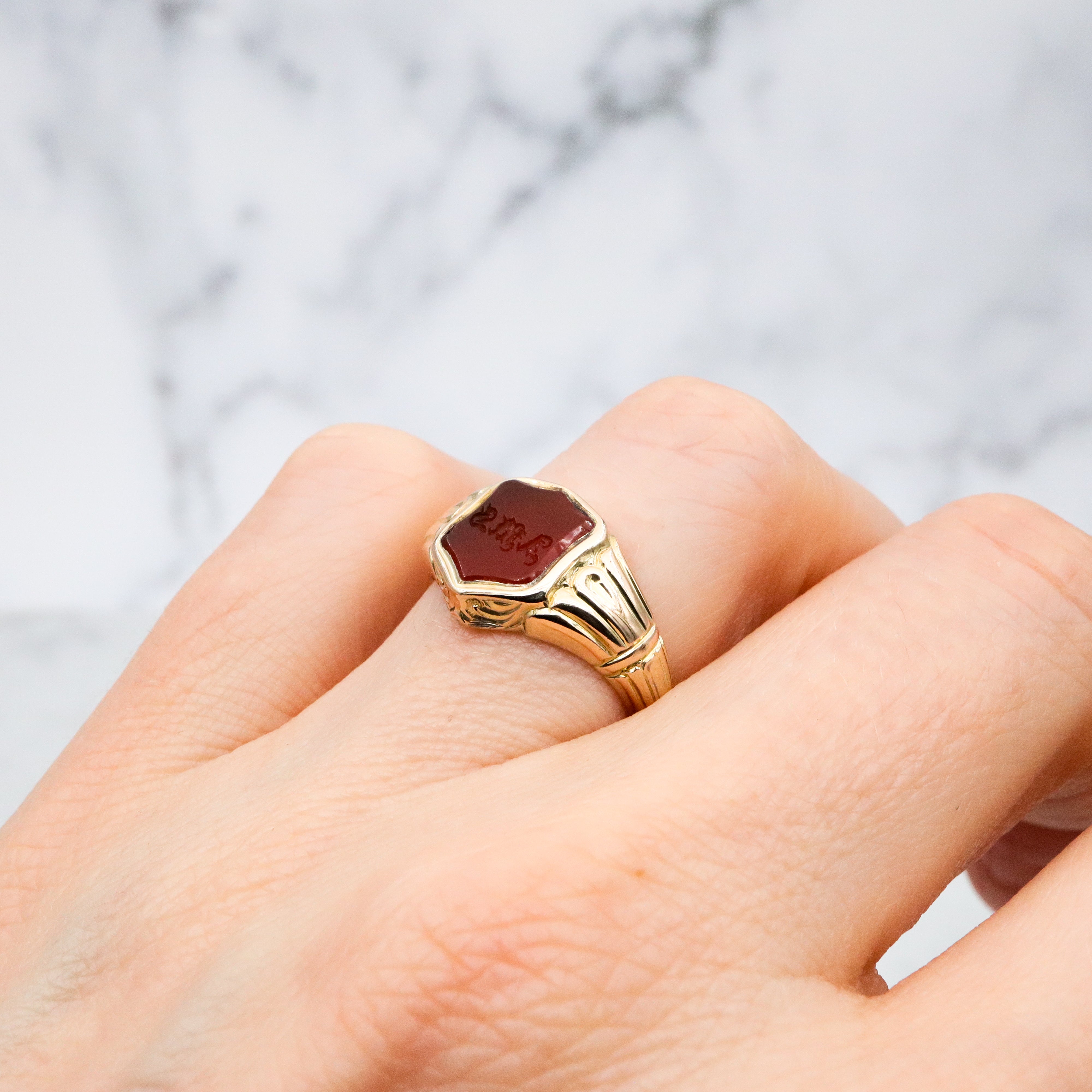 Antique Victorian Renaissance Revival 14k gold carnelian signet monogram ring, size 6.5