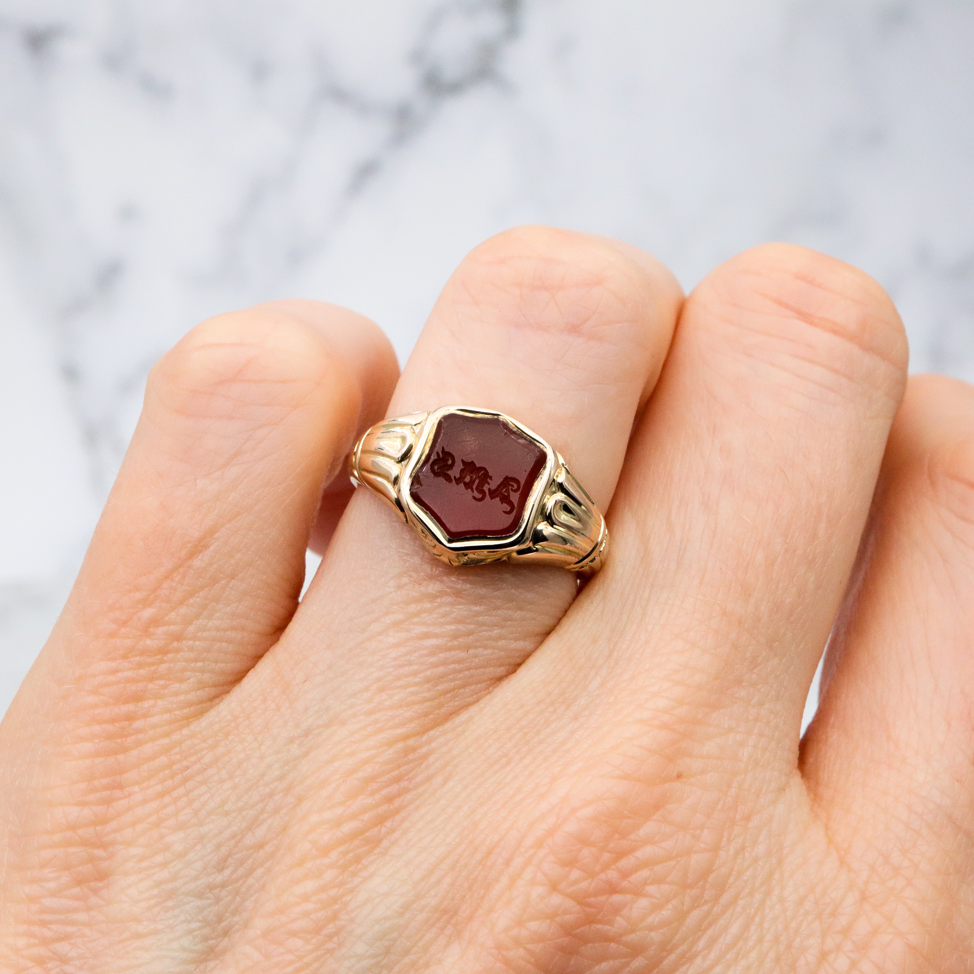 Antique Victorian Renaissance Revival 14k gold carnelian signet monogram ring, size 6.5