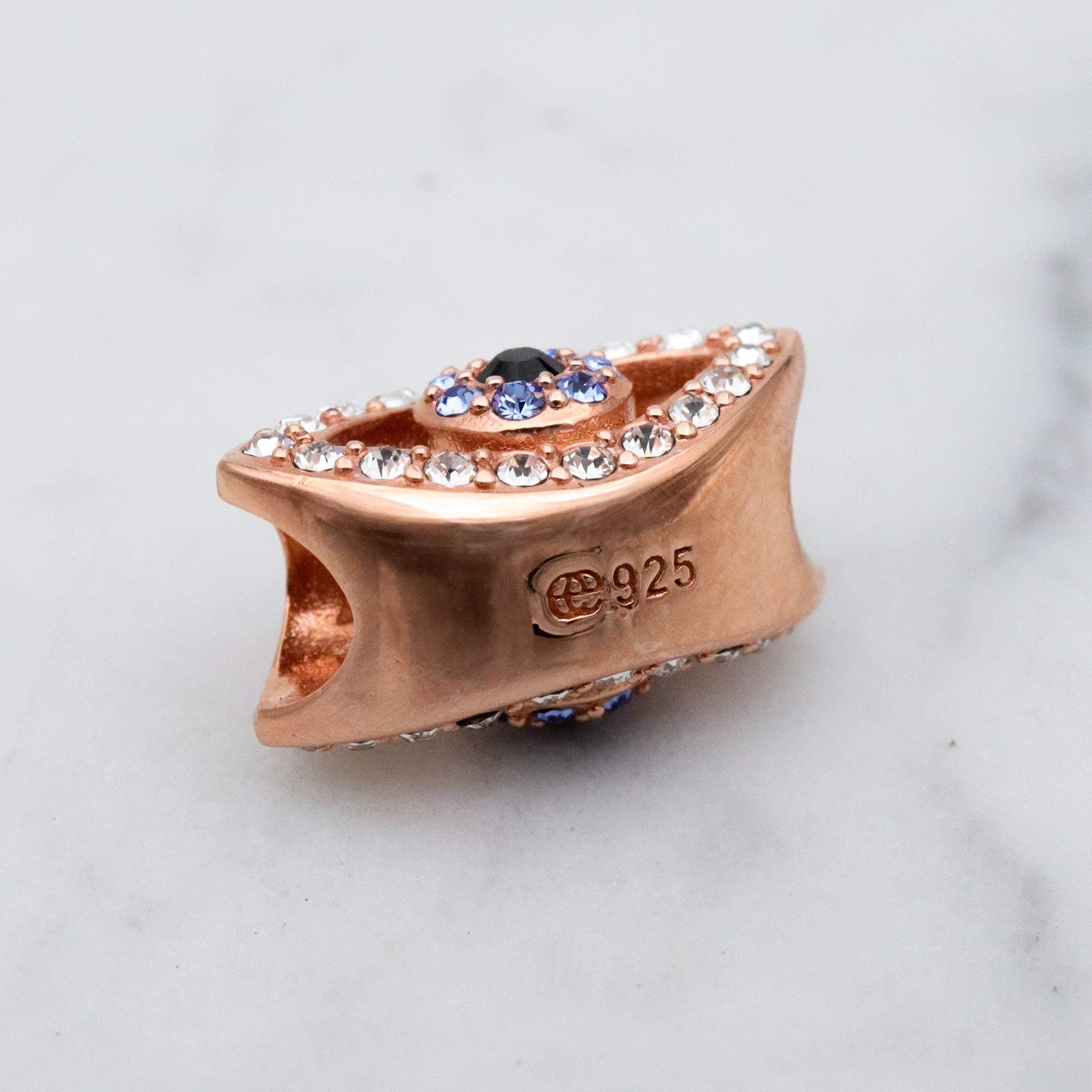 vintage rose gold plated sterling & crystal eye slide charm