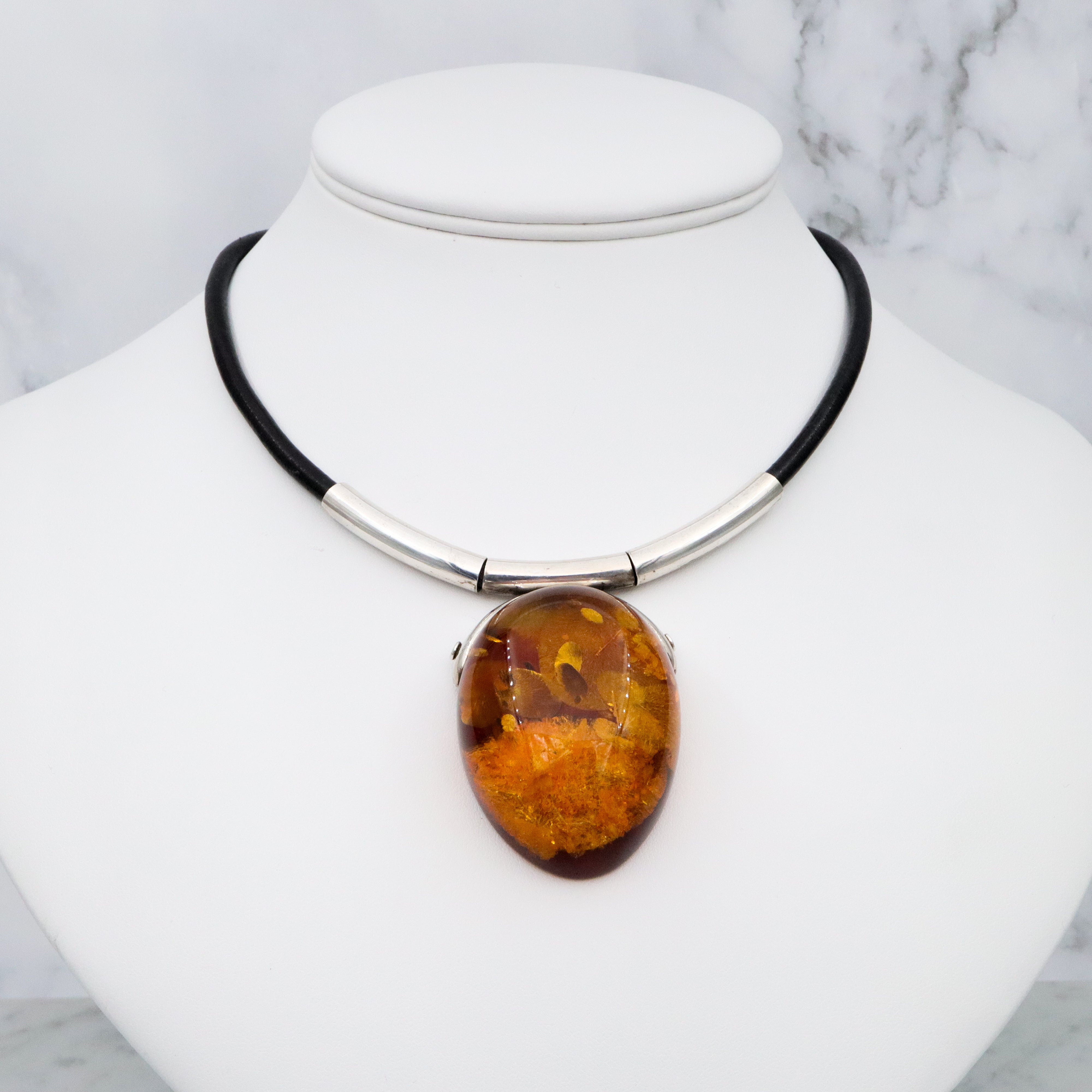 Massive retro amber sterling pendant necklace on leather cord