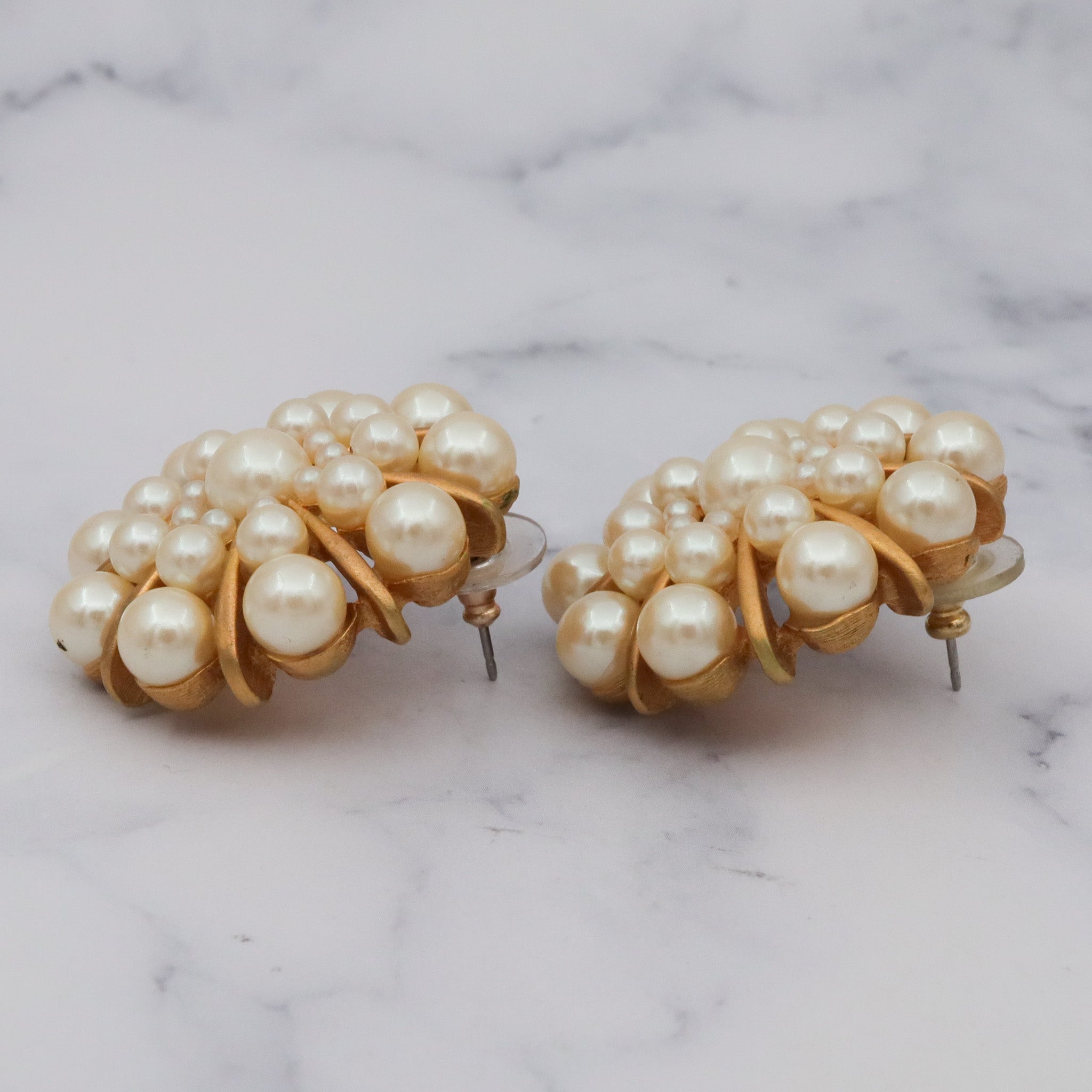 Large Vintage faux pearl starburst cluster gold plated post earrings