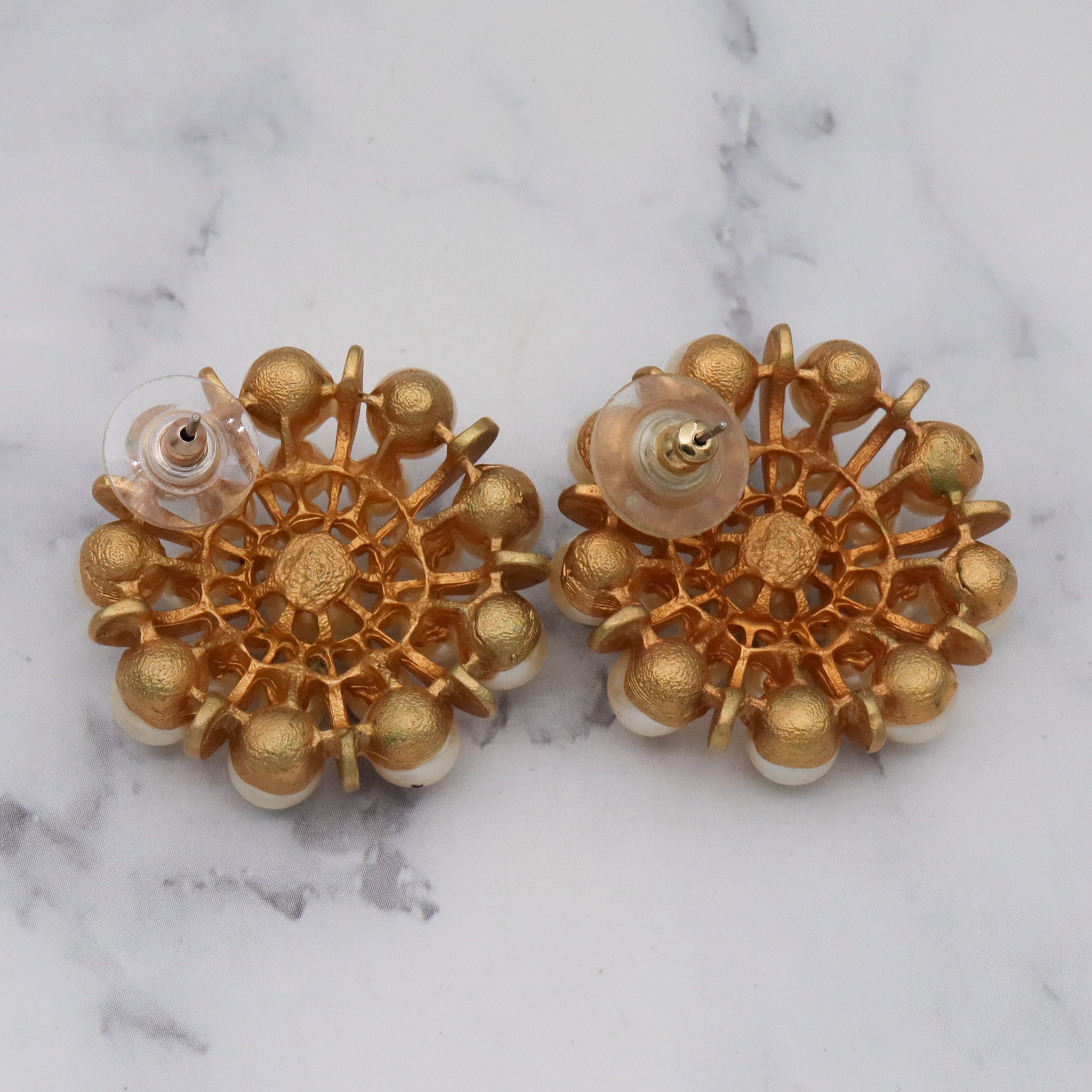 Large Vintage faux pearl starburst cluster gold plated post earrings