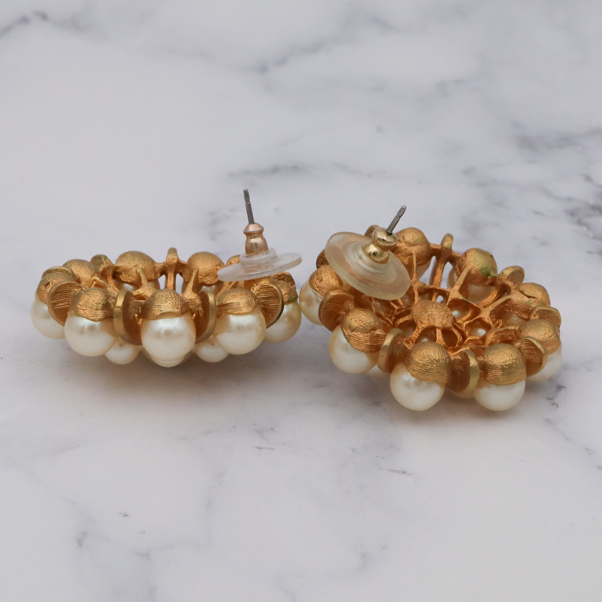 Large Vintage faux pearl starburst cluster gold plated post earrings