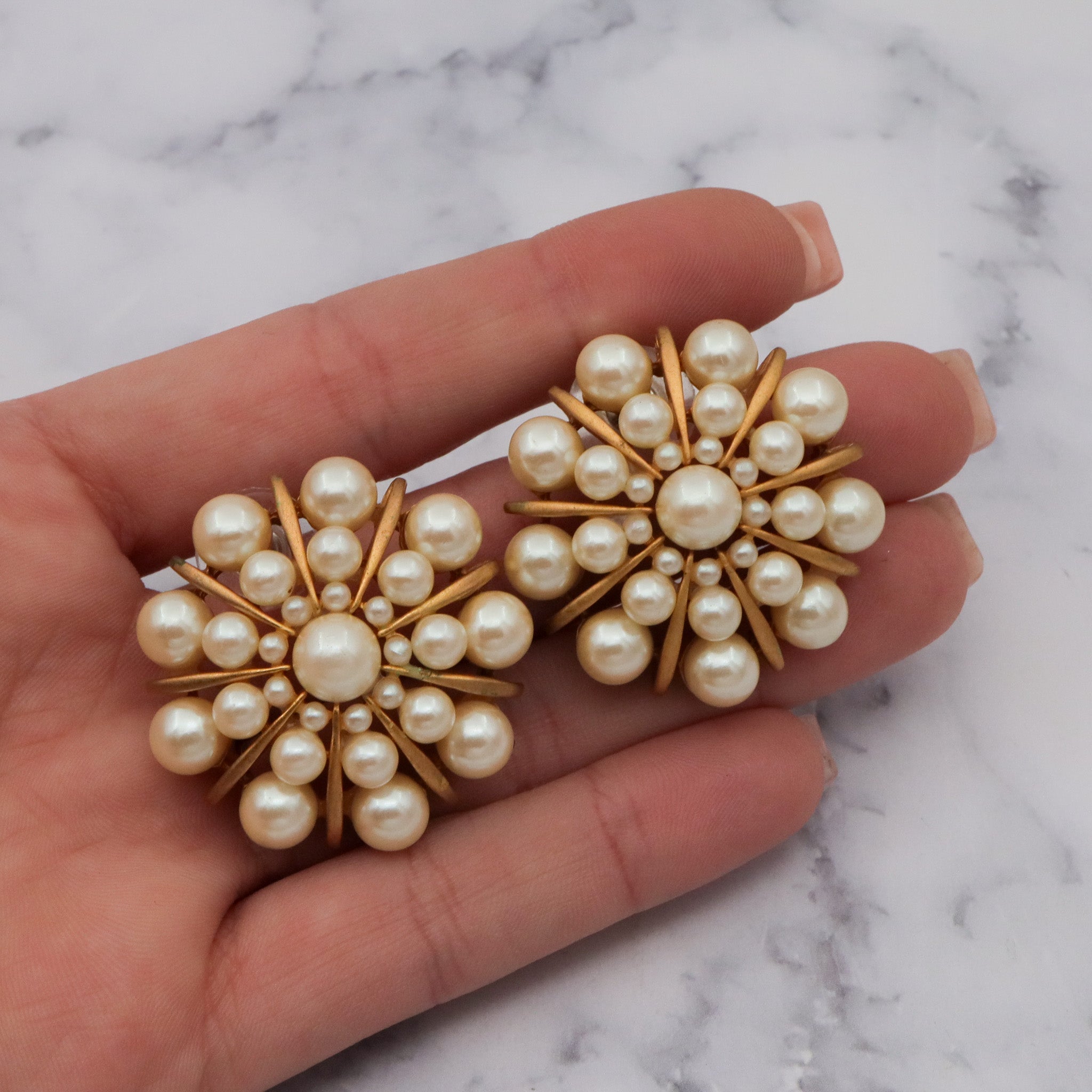 Large Vintage faux pearl starburst cluster gold plated post earrings