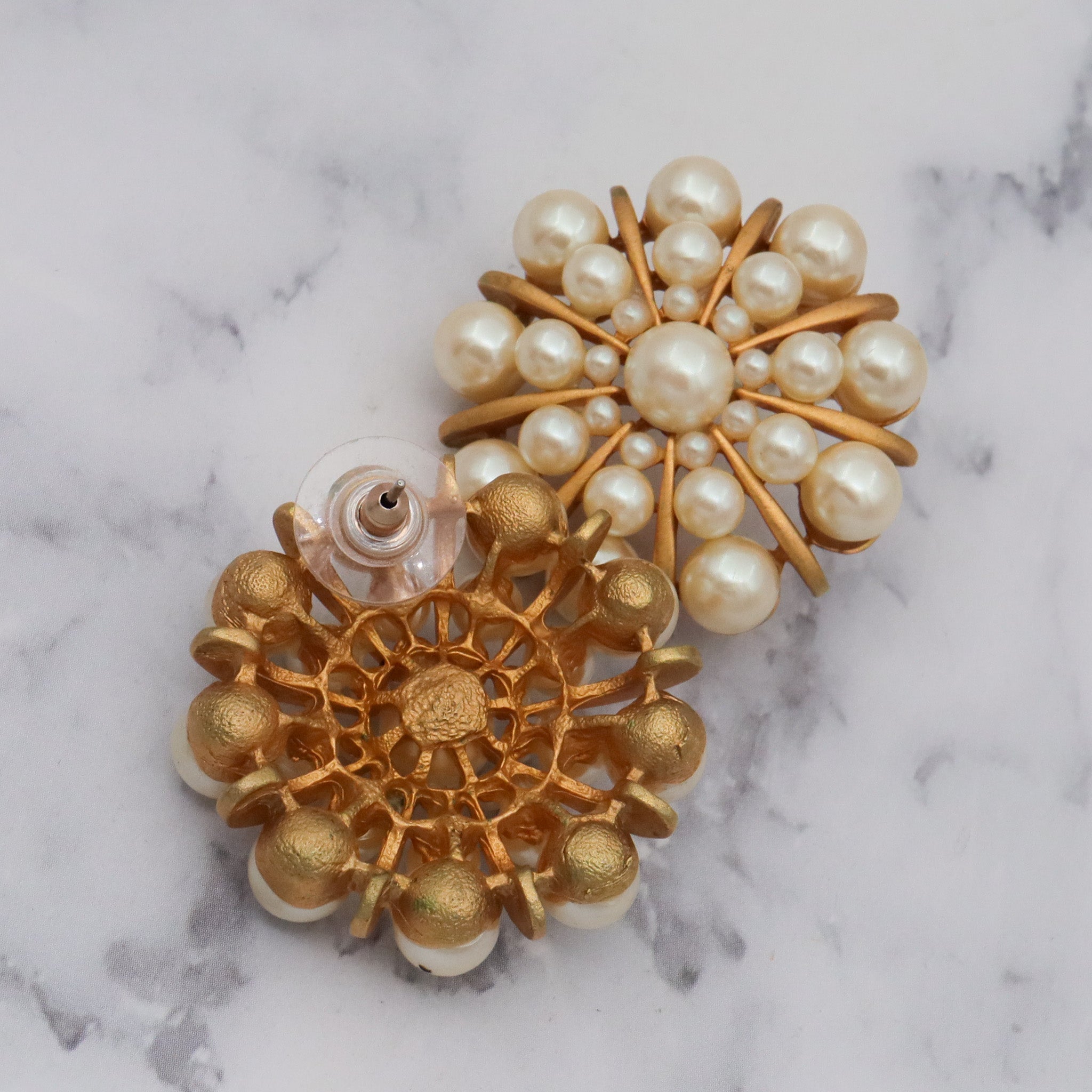 Large Vintage faux pearl starburst cluster gold plated post earrings