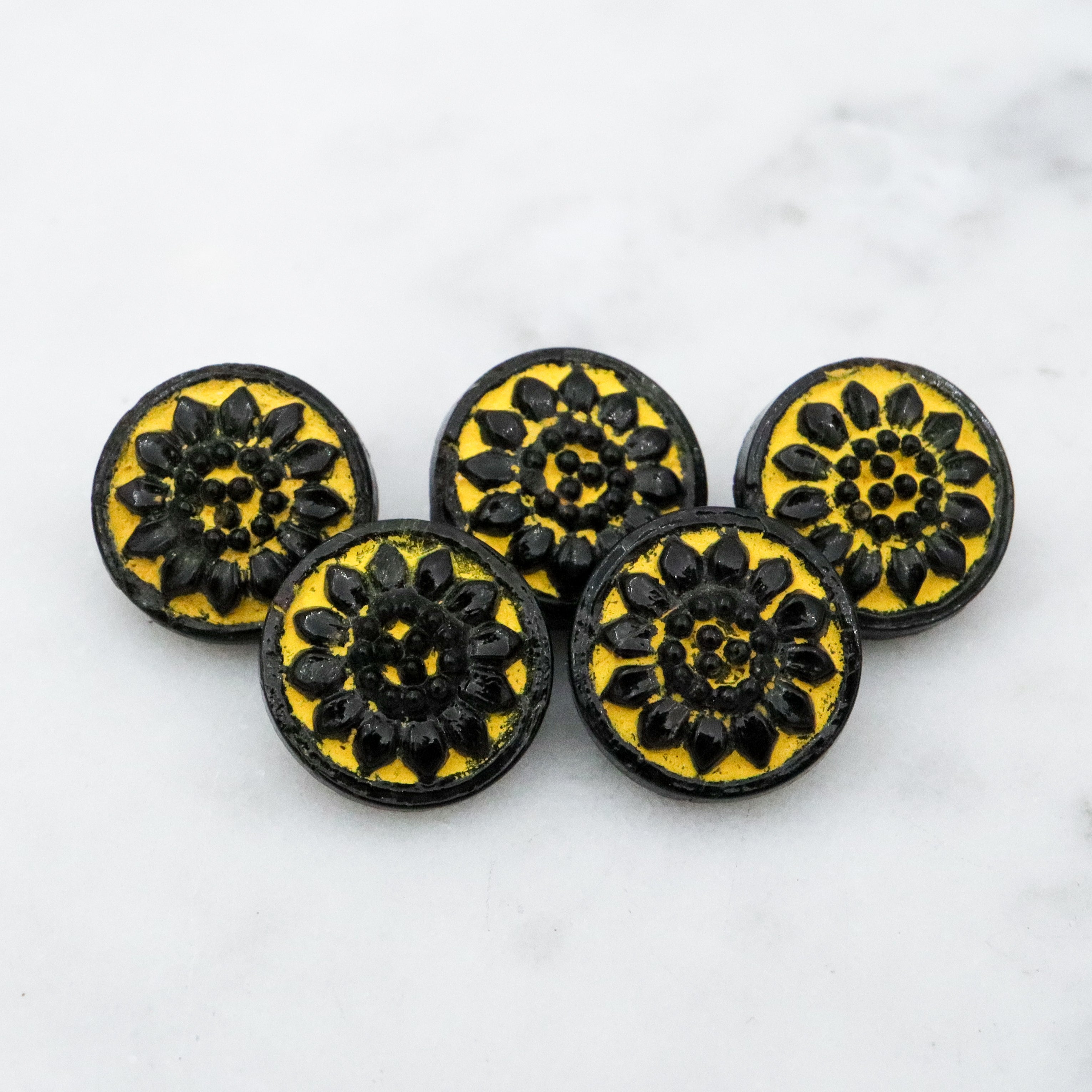 Set of 5 Antique Victorian jet black glass buttons w/yellow painted flowers