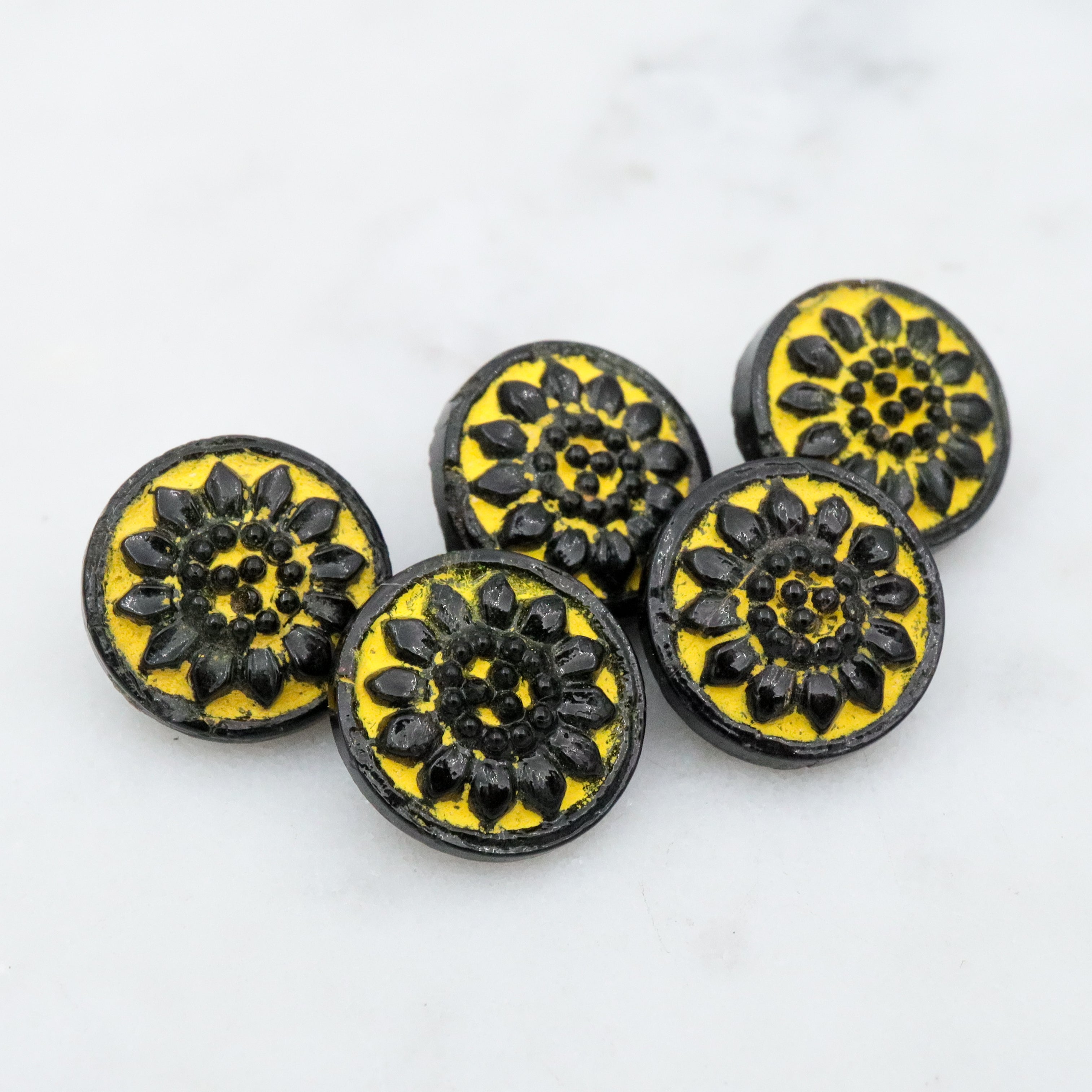 Set of 5 Antique Victorian jet black glass buttons w/yellow painted flowers