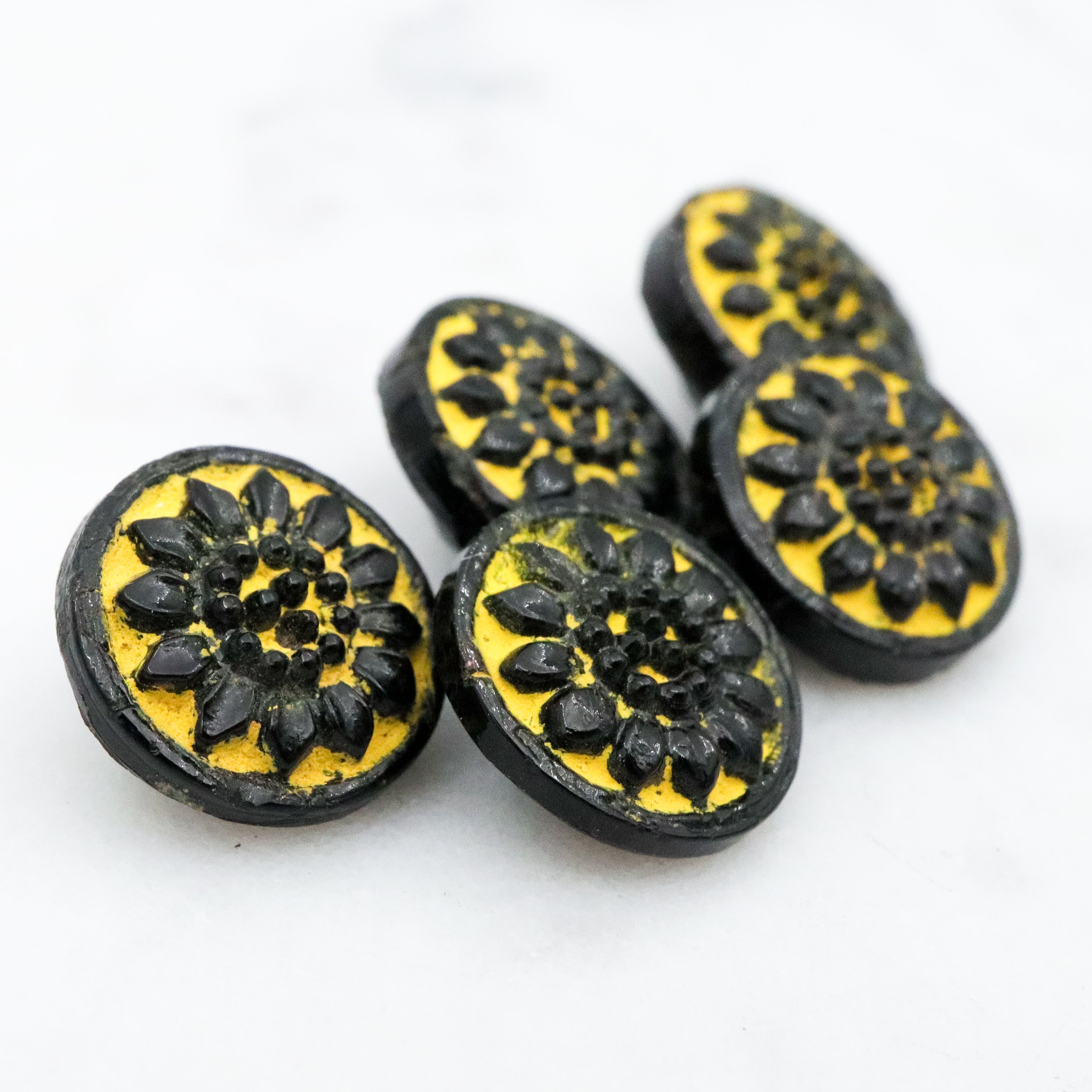 Set of 5 Antique Victorian jet black glass buttons w/yellow painted flowers