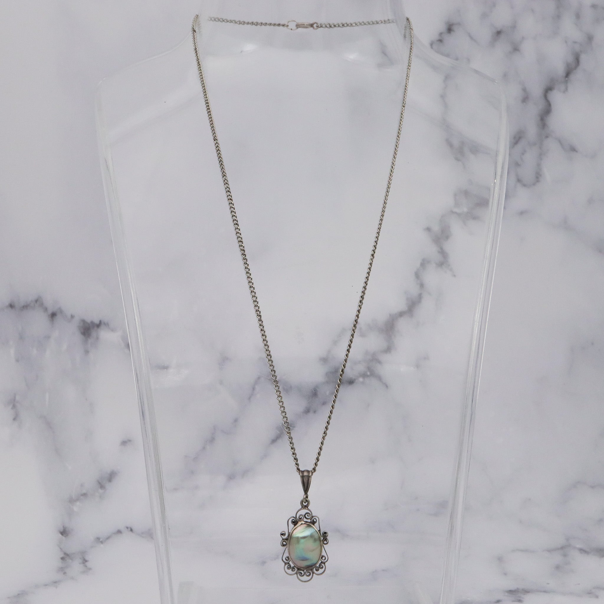 Antique Art Deco mabe pearl & sterling filigree pendant curb chain necklace