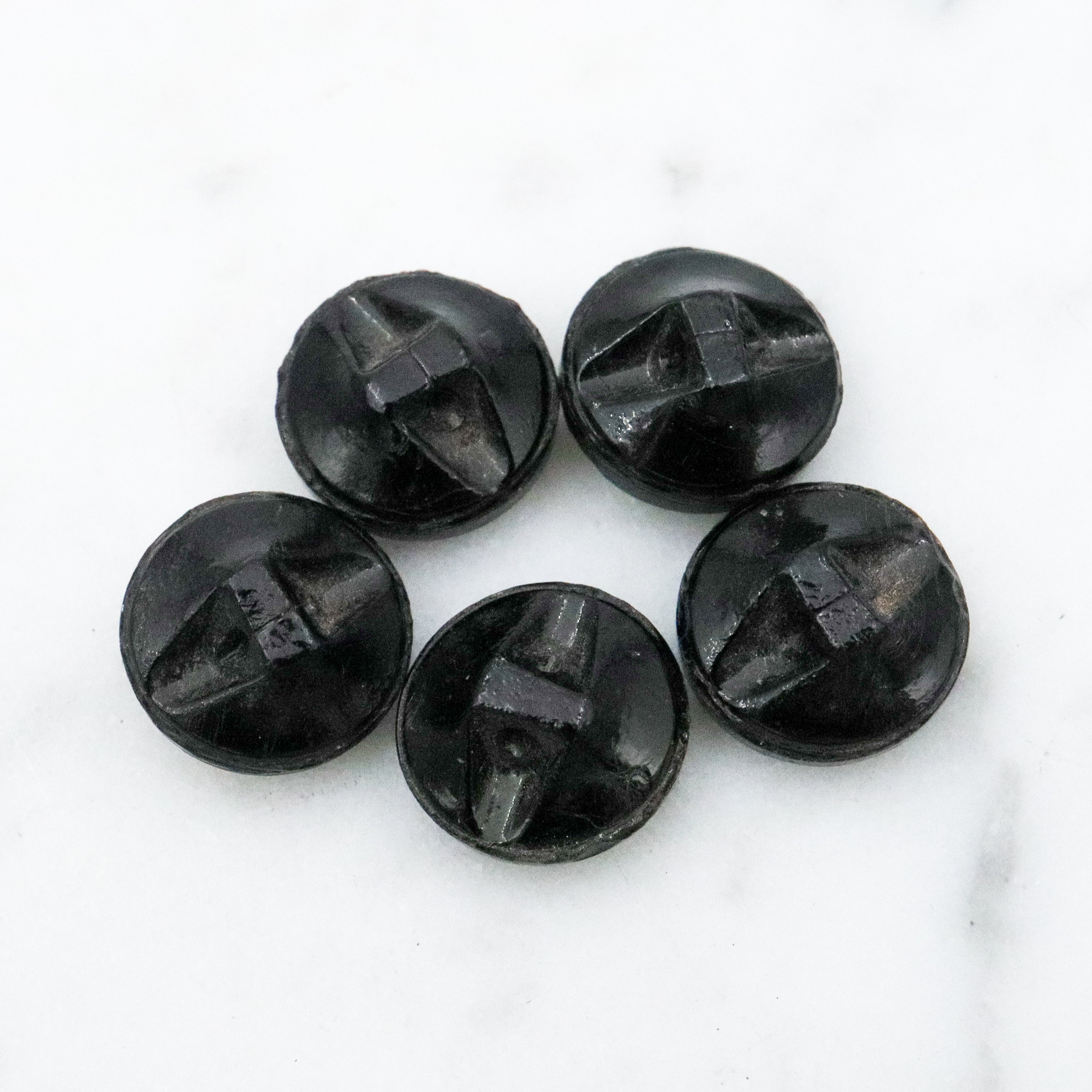 Set of 5 Antique Victorian jet black glass buttons w/yellow painted flowers