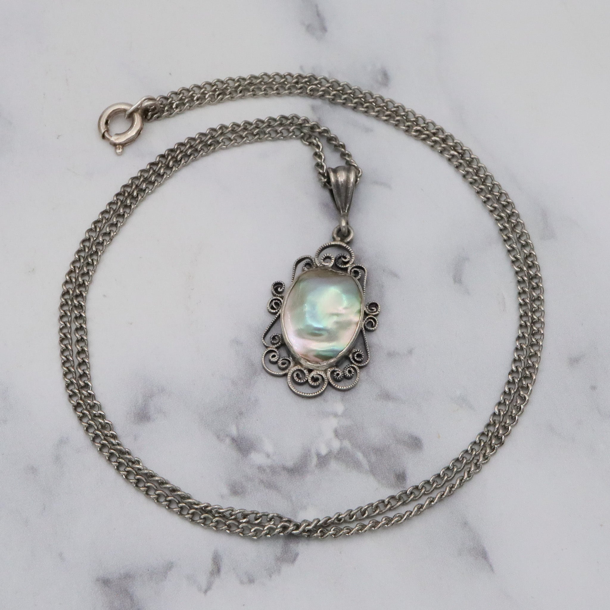 Antique Art Deco mabe pearl & sterling filigree pendant curb chain necklace