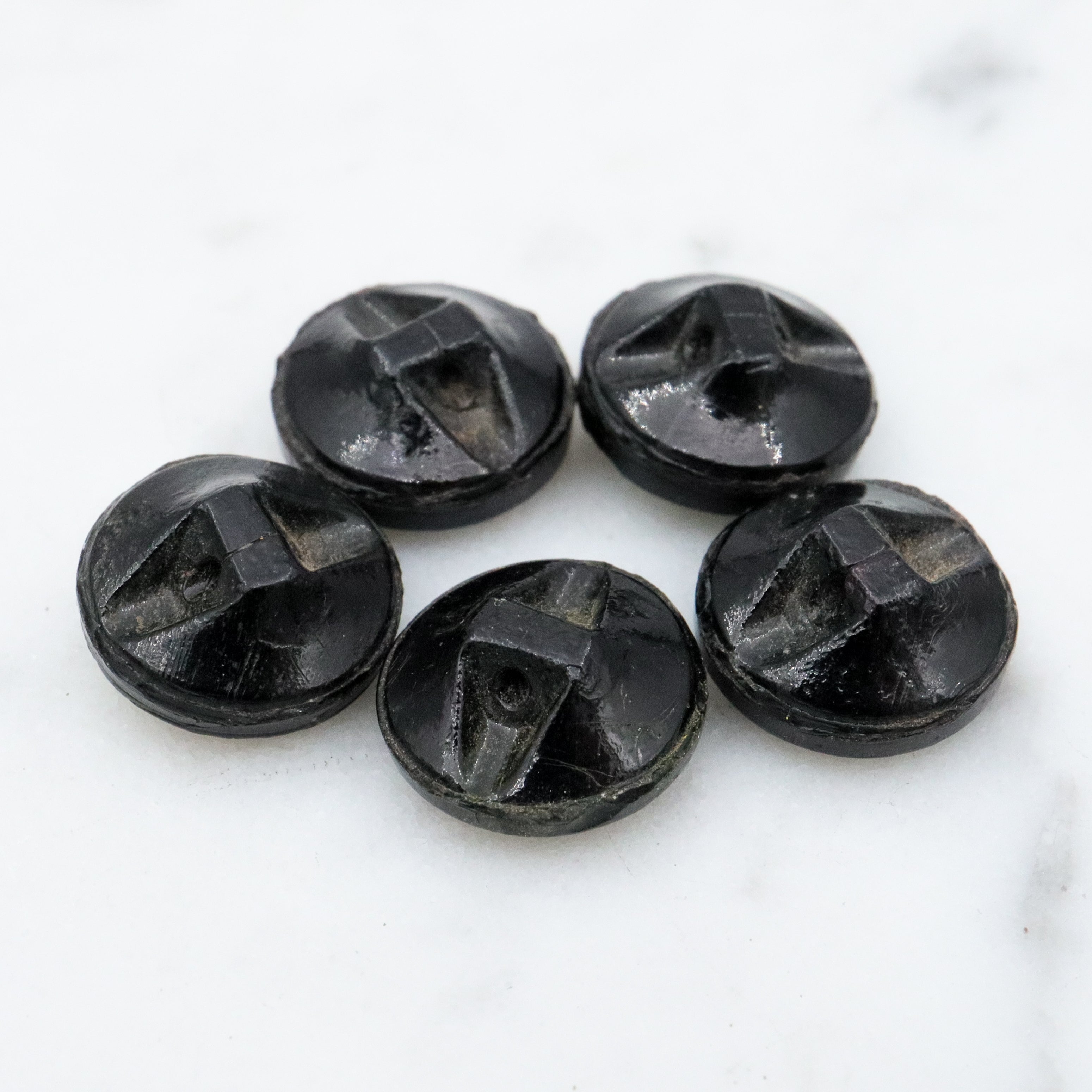 Set of 5 Antique Victorian jet black glass buttons w/yellow painted flowers