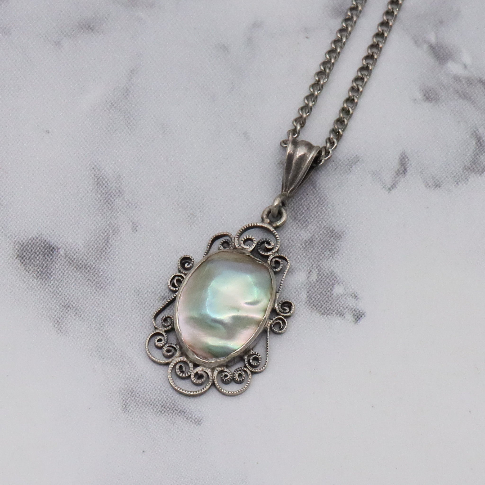 Antique Art Deco mabe pearl & sterling filigree pendant curb chain necklace