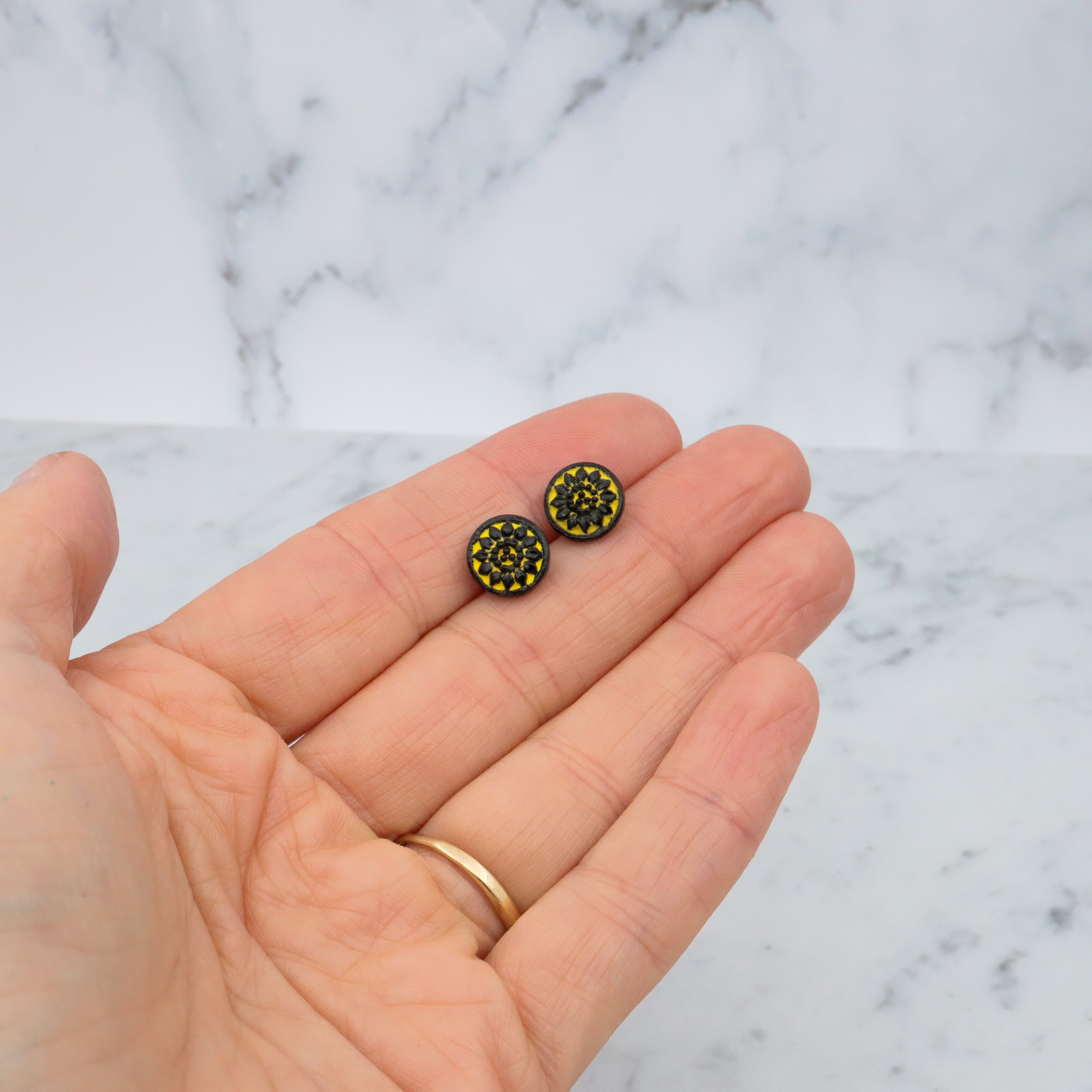 Set of 5 Antique Victorian jet black glass buttons w/yellow painted flowers