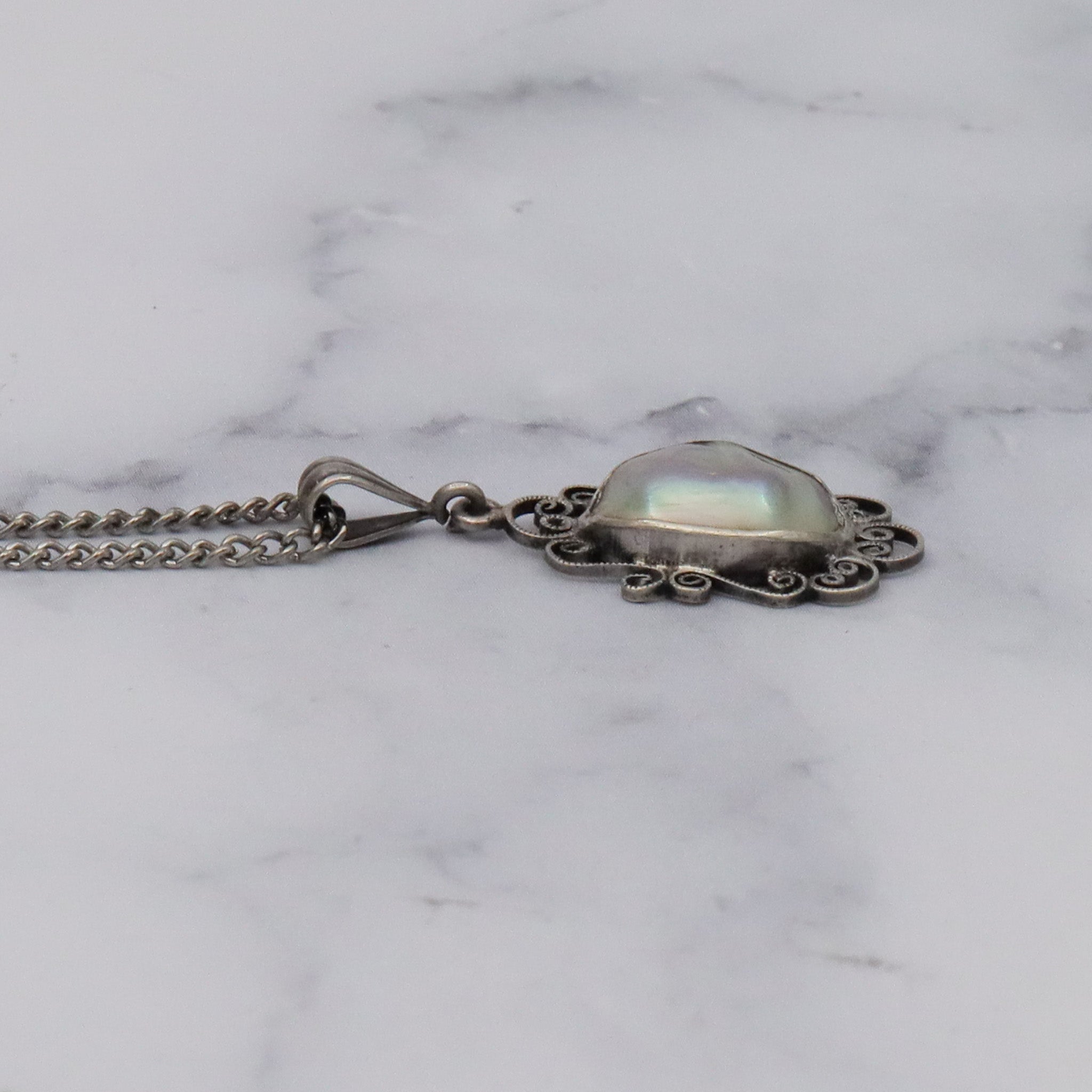 Antique Art Deco mabe pearl & sterling filigree pendant curb chain necklace