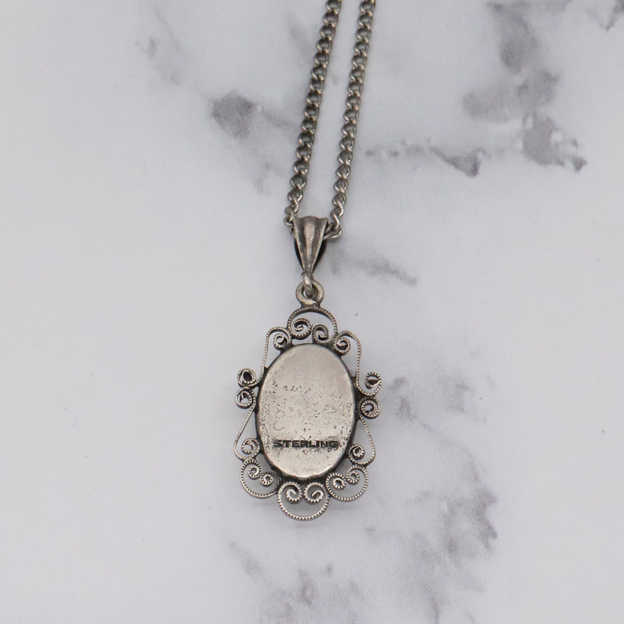 Antique Art Deco mabe pearl & sterling filigree pendant curb chain necklace