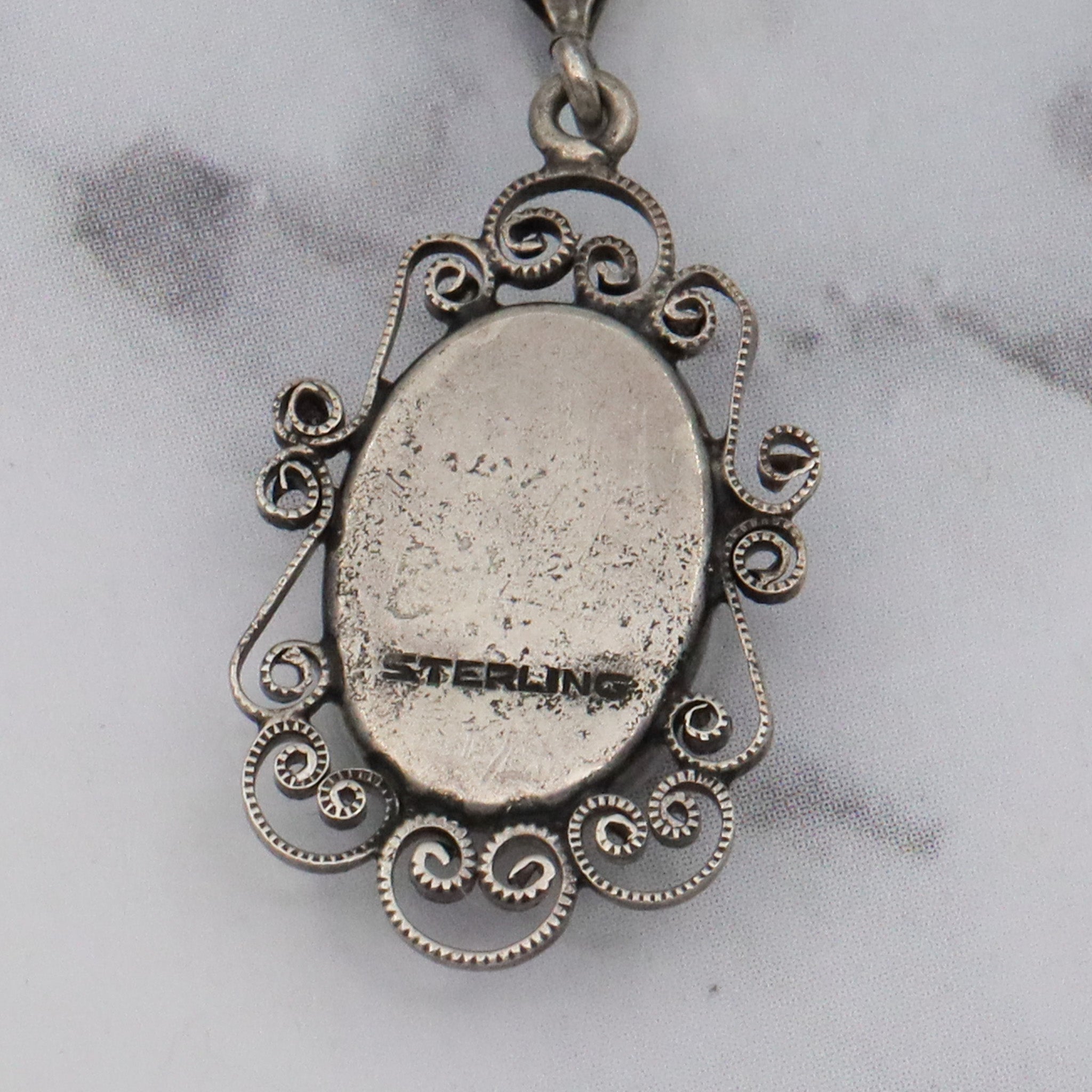 Antique Art Deco mabe pearl & sterling filigree pendant curb chain necklace