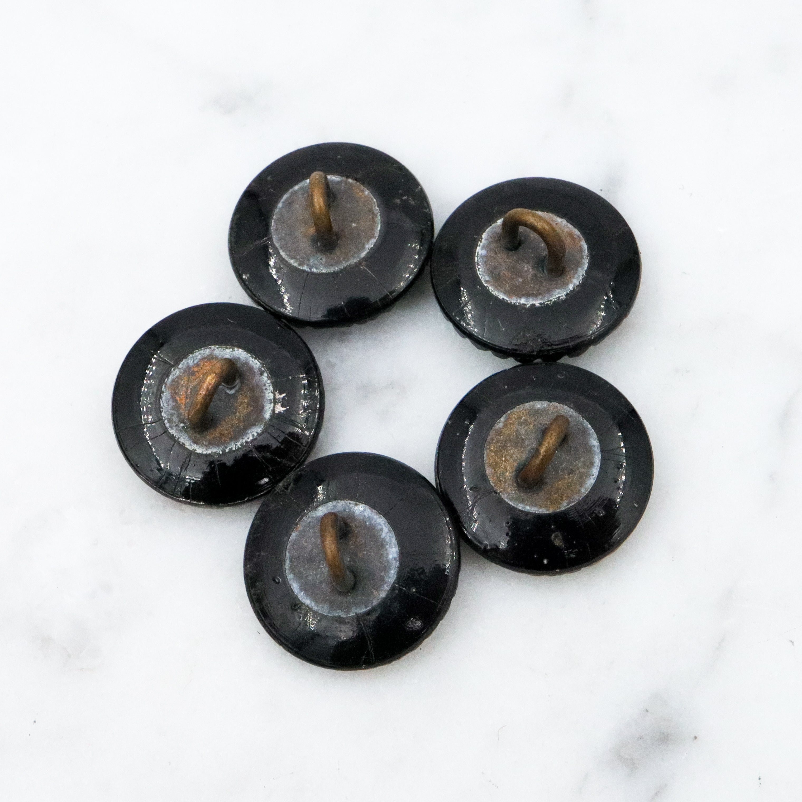 Set of 5 Antique Victorian jet black glass buttons w/silver painted rivets & bow