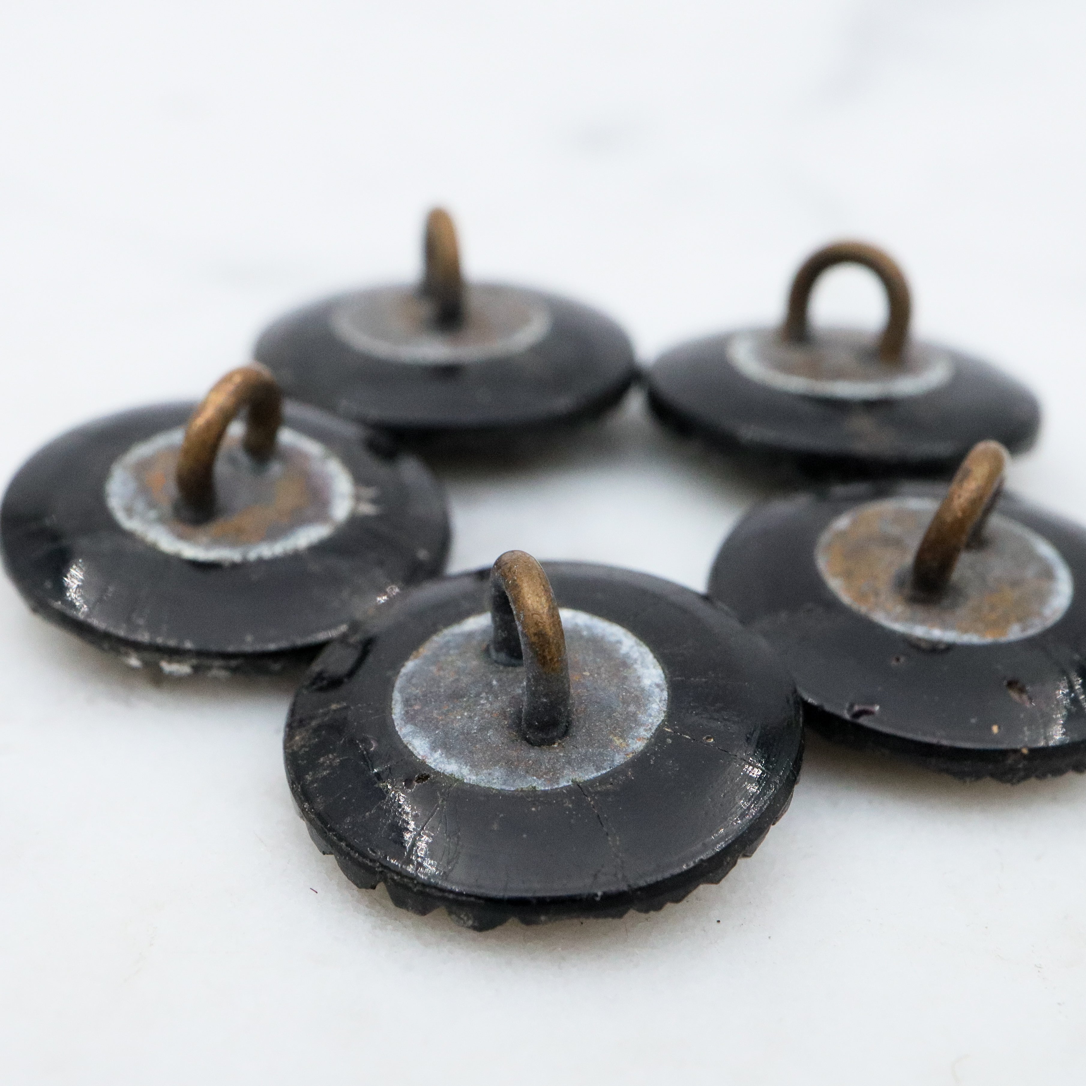 Set of 5 Antique Victorian jet black glass buttons w/silver painted rivets & bow