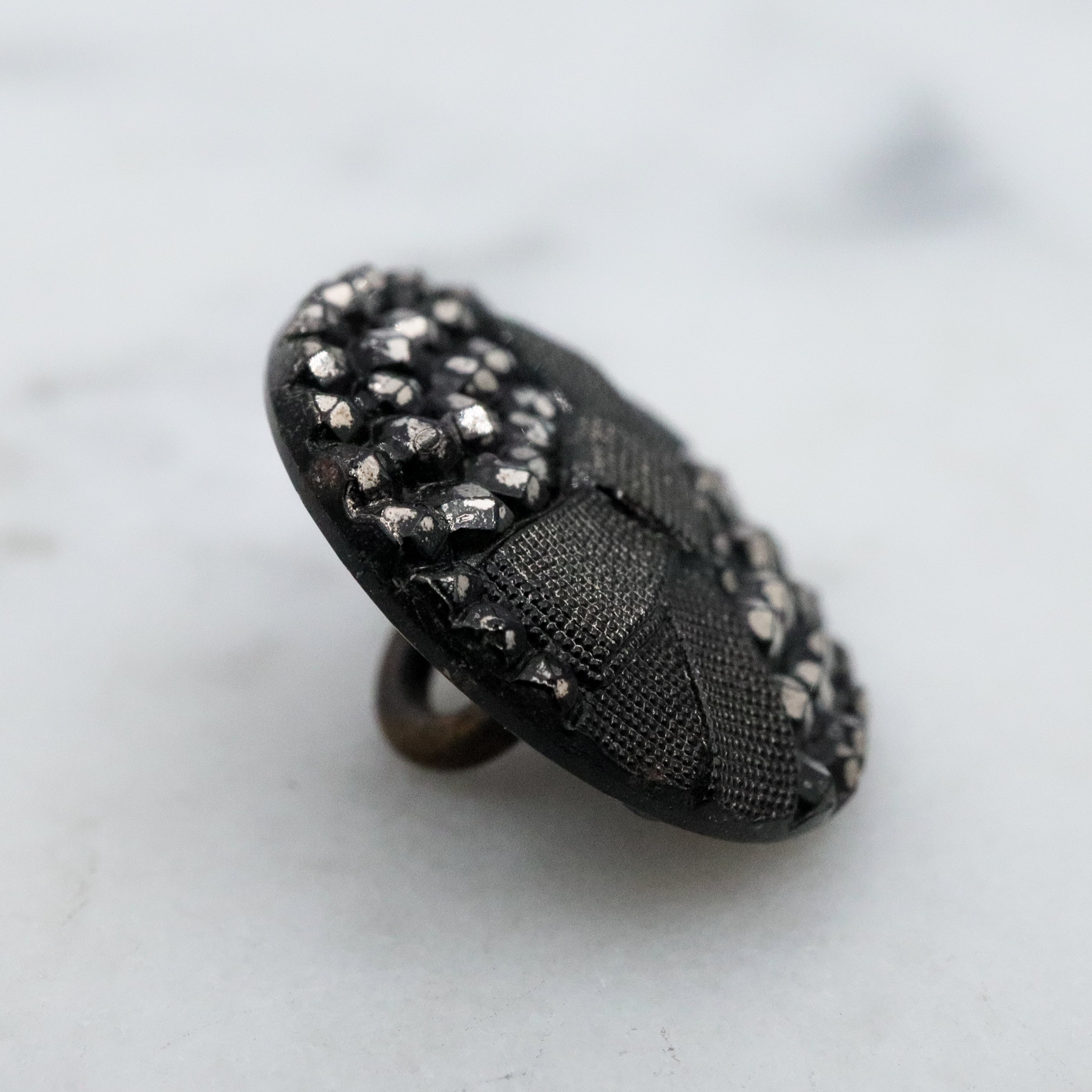 Set of 5 Antique Victorian jet black glass buttons w/silver painted rivets & bow