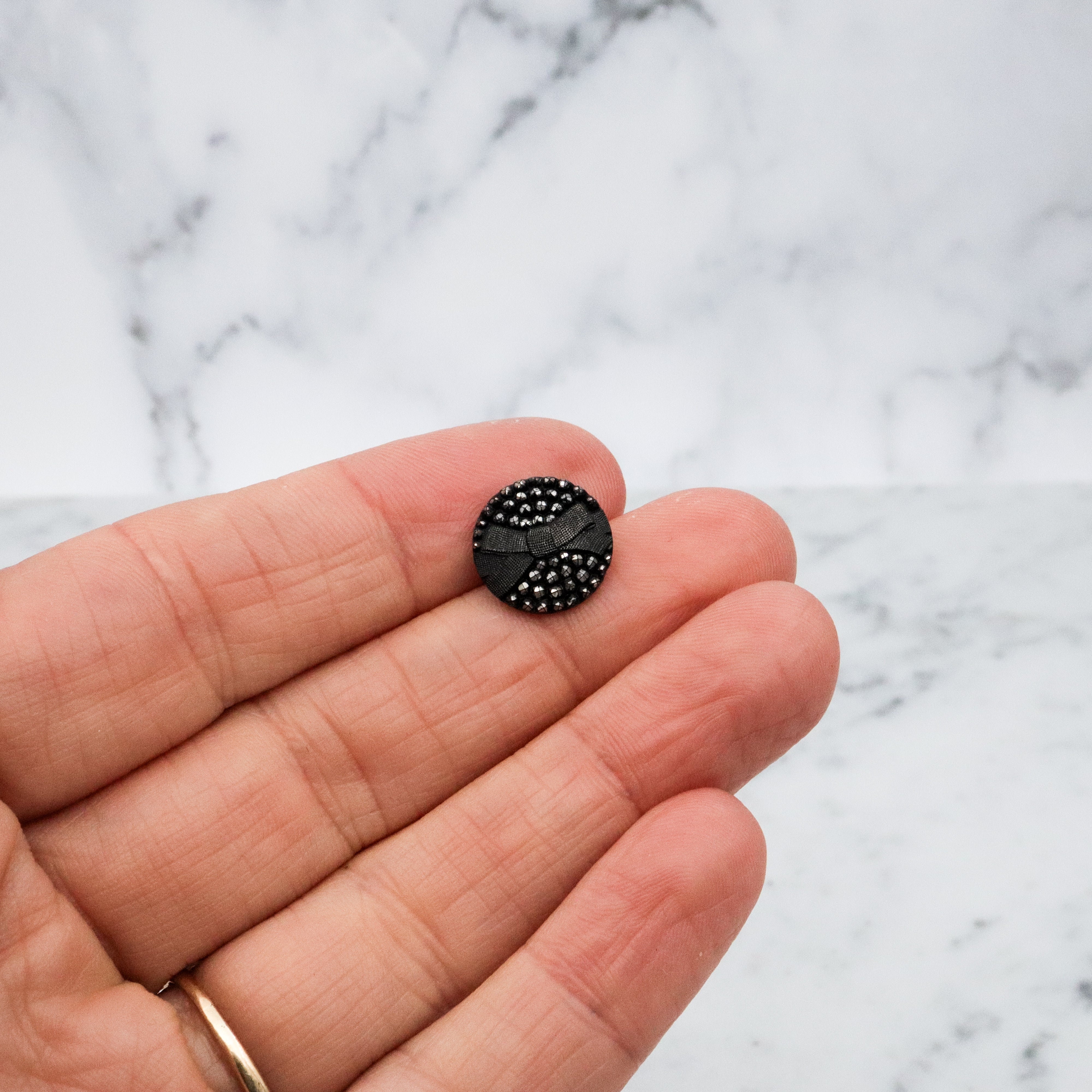 Set of 5 Antique Victorian jet black glass buttons w/silver painted rivets & bow