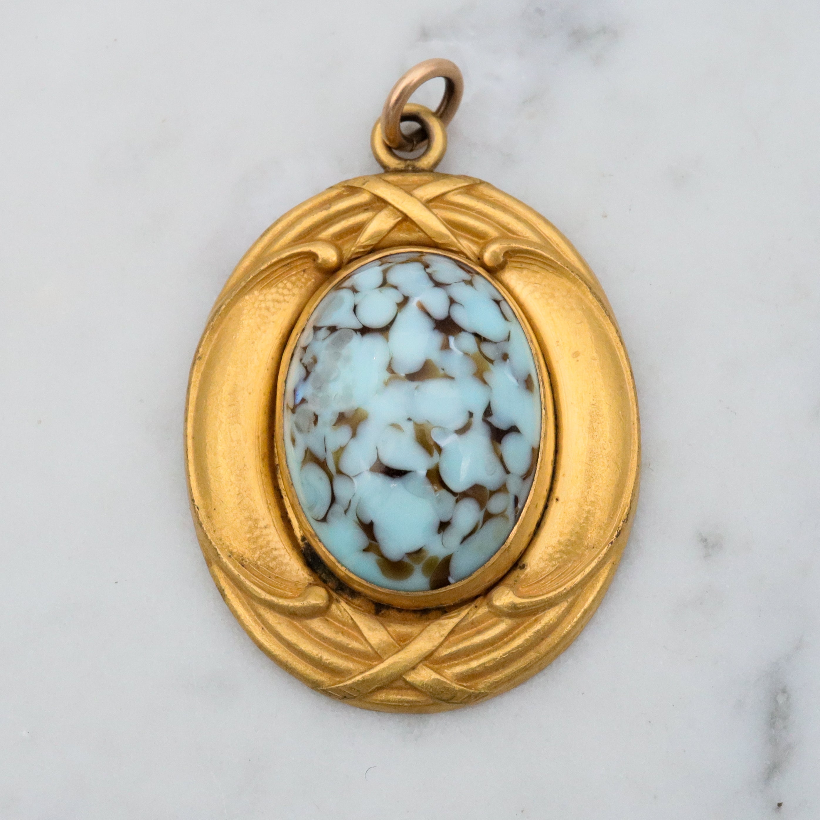 Antique Art Nouveau rolled gold turquoise art glass pendant