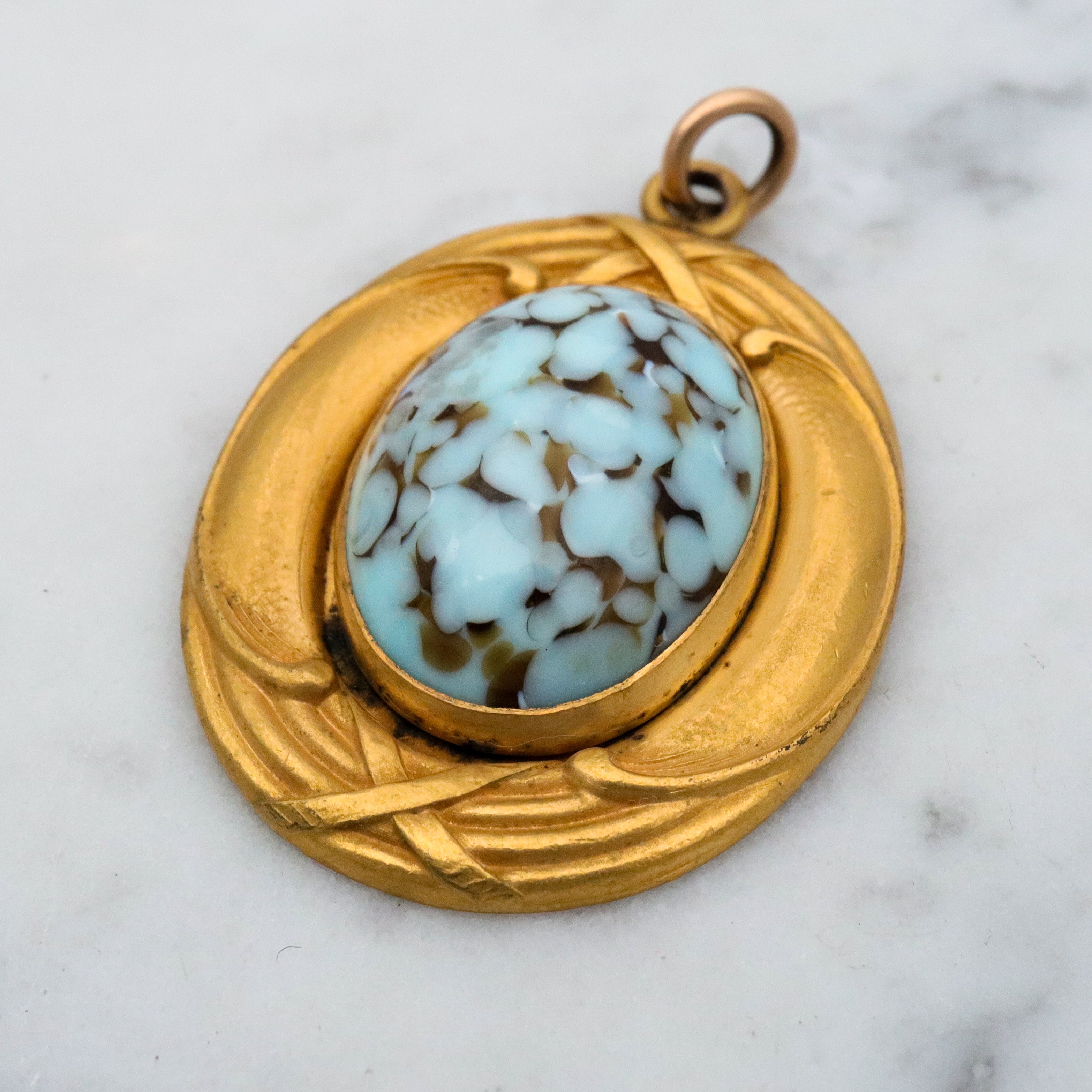 Antique Art Nouveau rolled gold turquoise art glass pendant